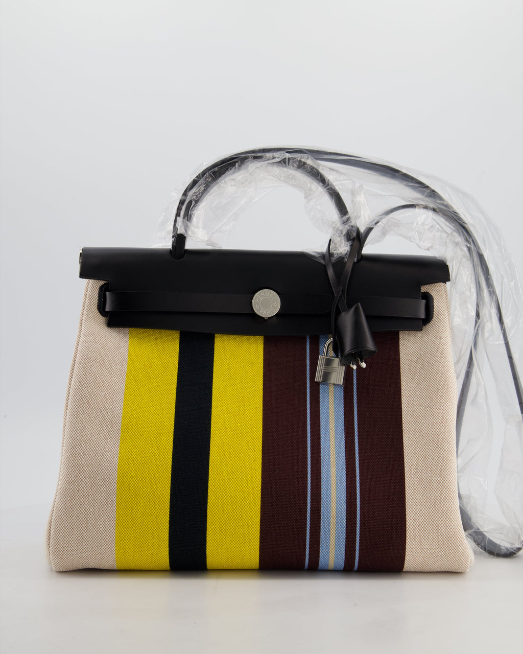 Hermès Herbag 31 Zip Bag in Ecru, Beige, Jaune & Bordeaux Toile H Rayures Equipage Canvas, Noir Vache Hunter Leather with Palladium Hardware