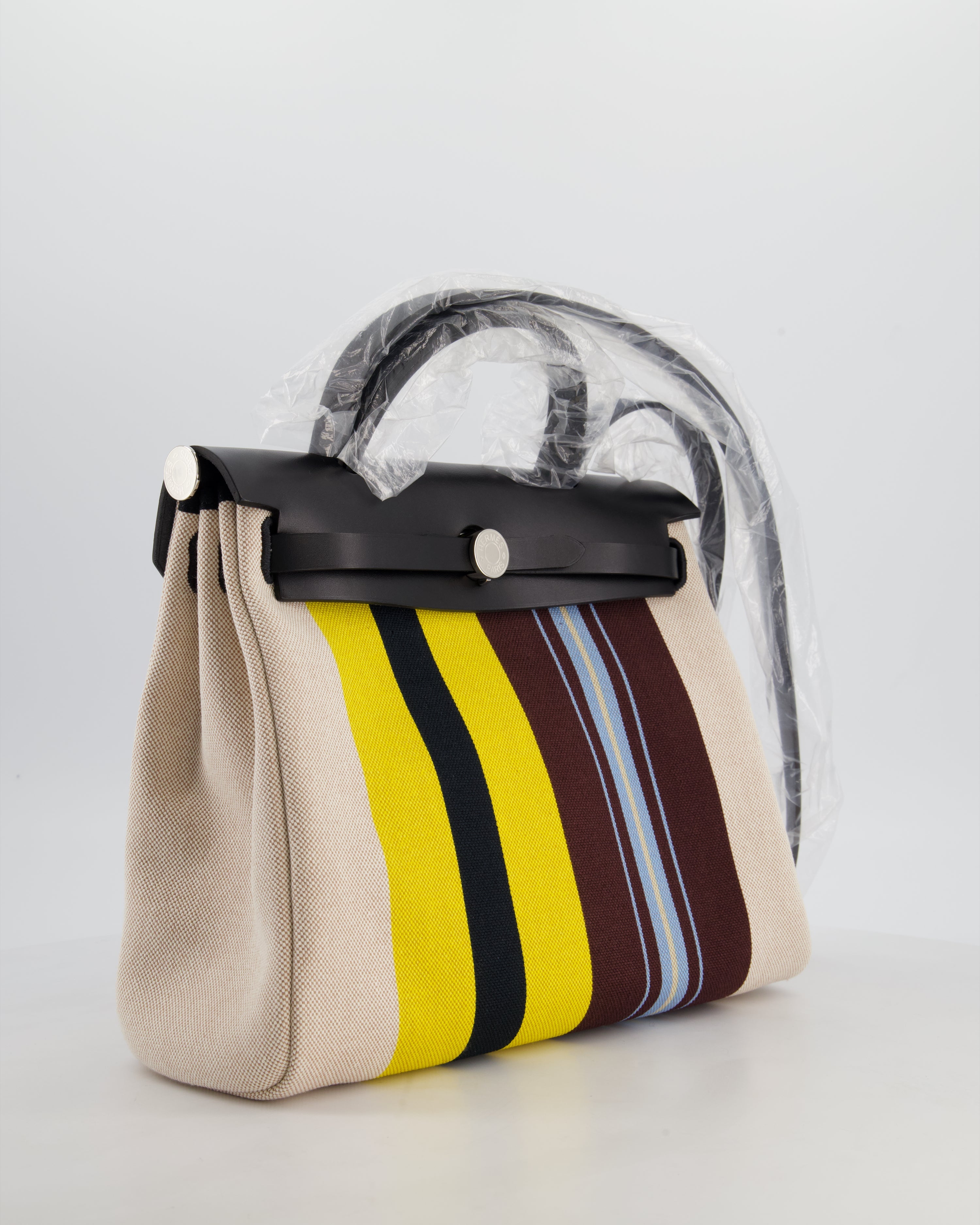 Hermès Herbag 31 Zip Bag in Ecru, Beige, Jaune & Bordeaux Toile H Rayures Equipage Canvas, Noir Vache Hunter Leather with Palladium Hardware