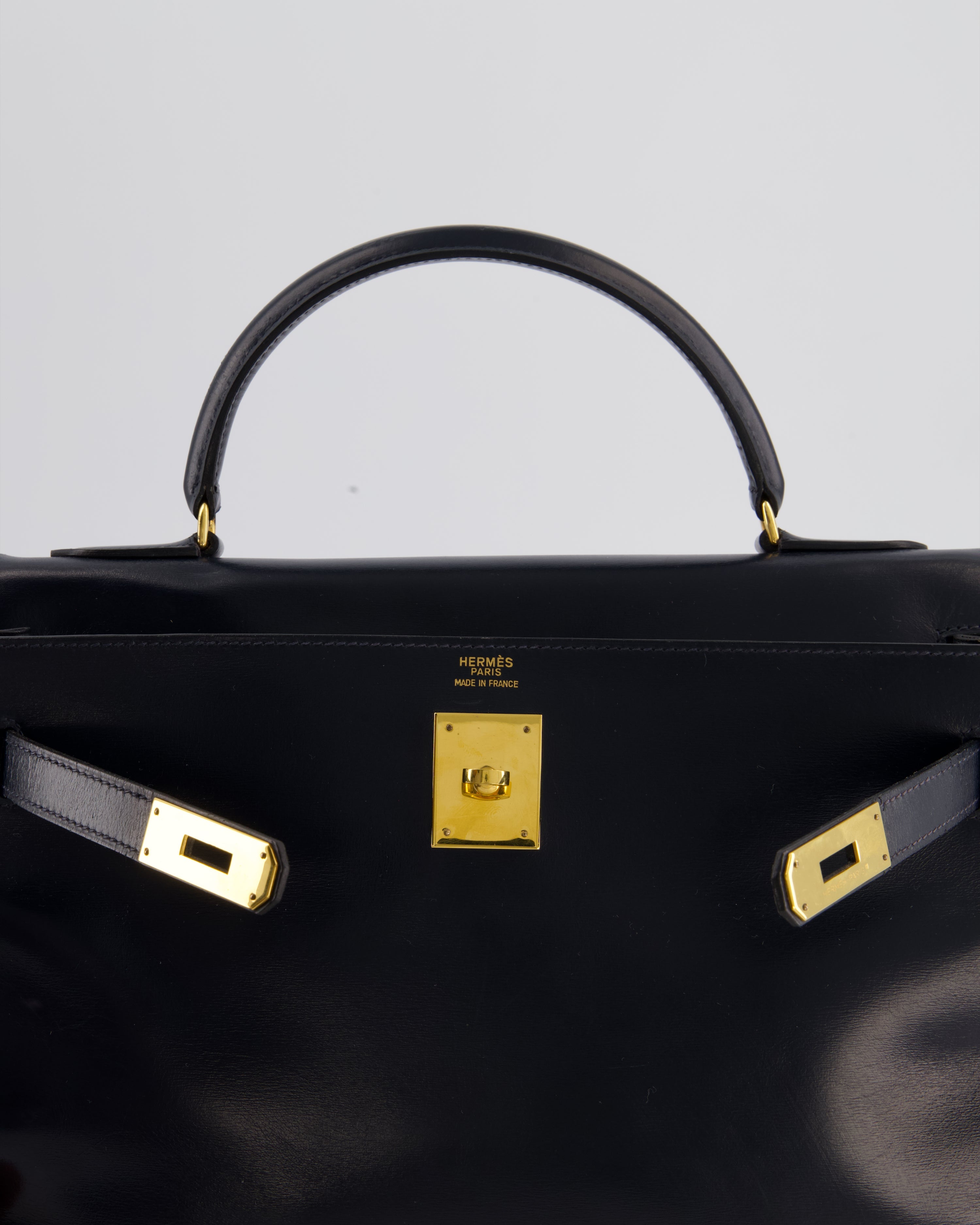 *RARE* Hermès Vintage Kelly 32 Retourne Bag in Bleu Navy Box Calf Leather with Gold Hardware