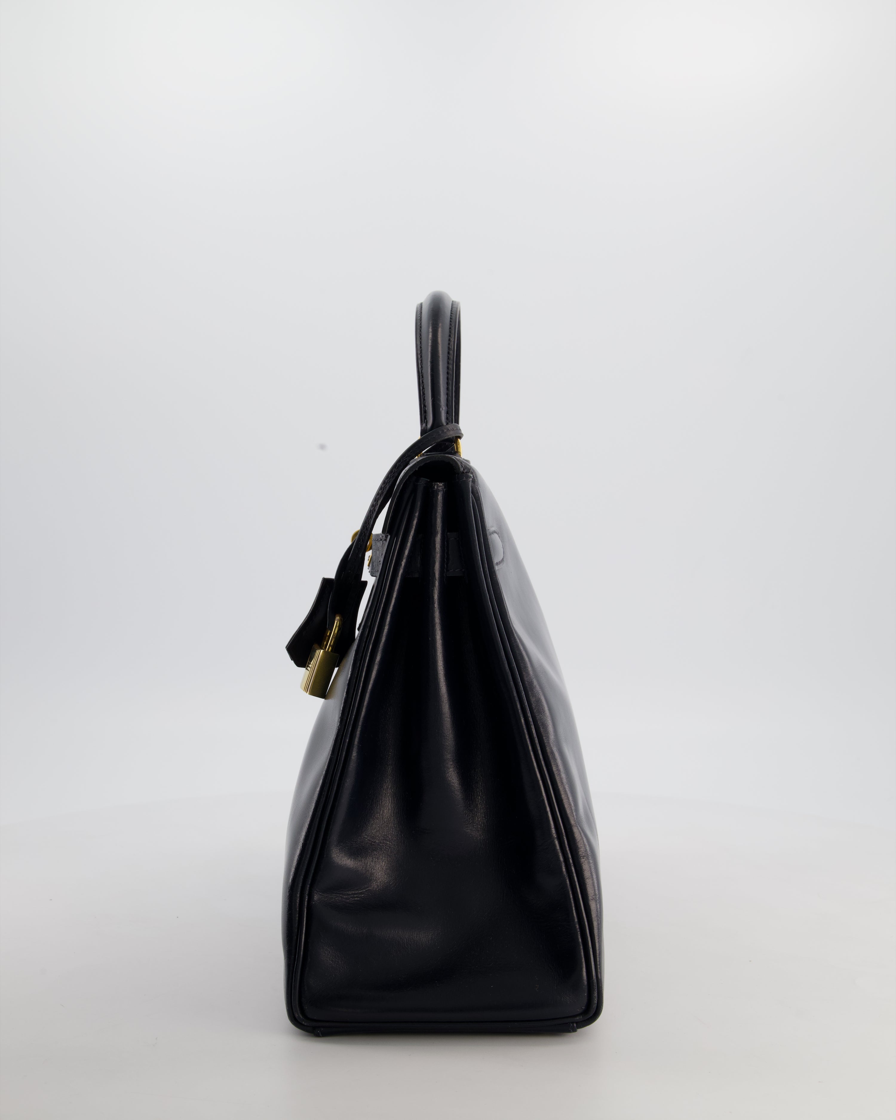 *RARE* Hermès Vintage Kelly 32 Retourne Bag in Bleu Navy Box Calf Leather with Gold Hardware
