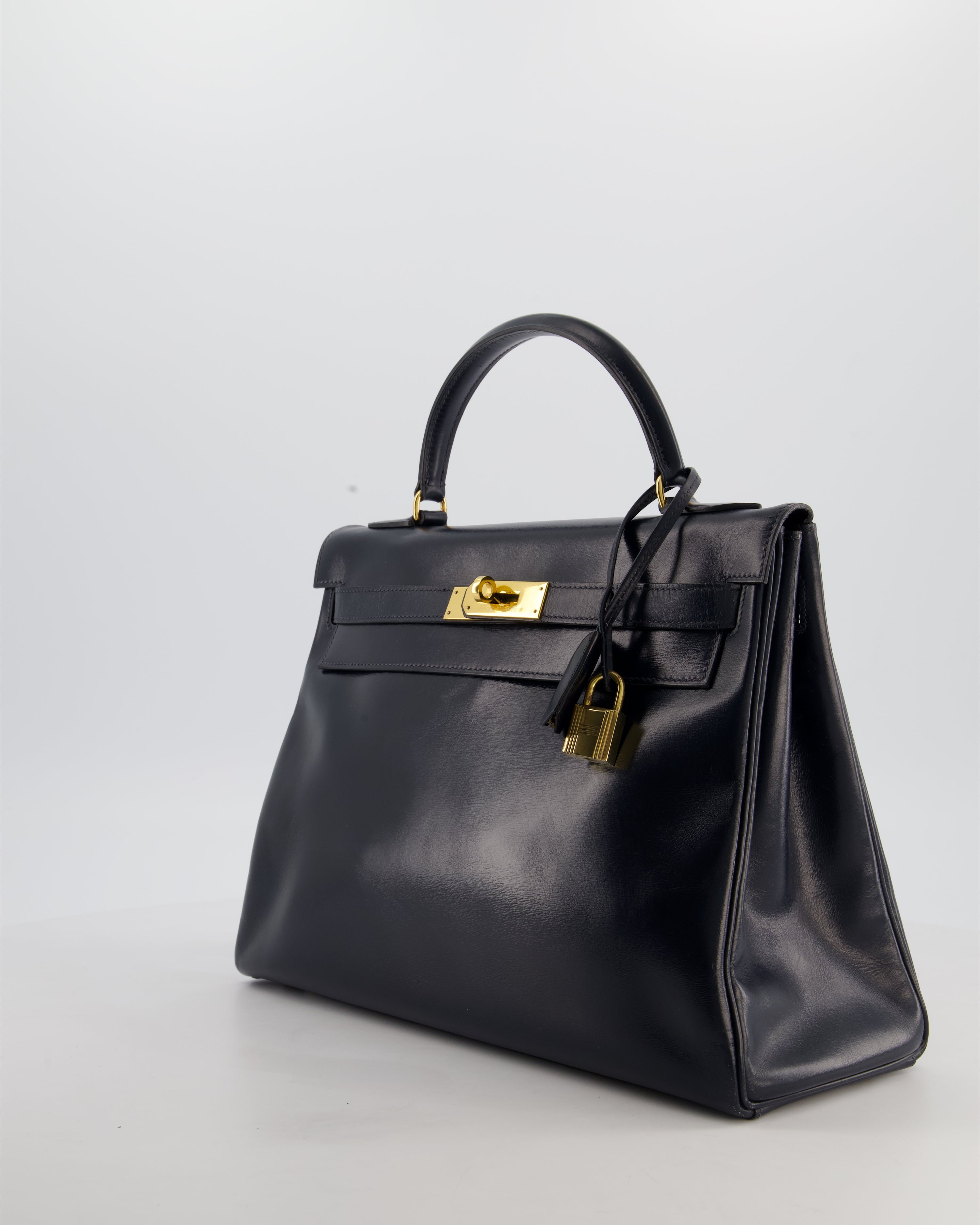 *RARE* Hermès Vintage Kelly 32 Retourne Bag in Bleu Navy Box Calf Leather with Gold Hardware