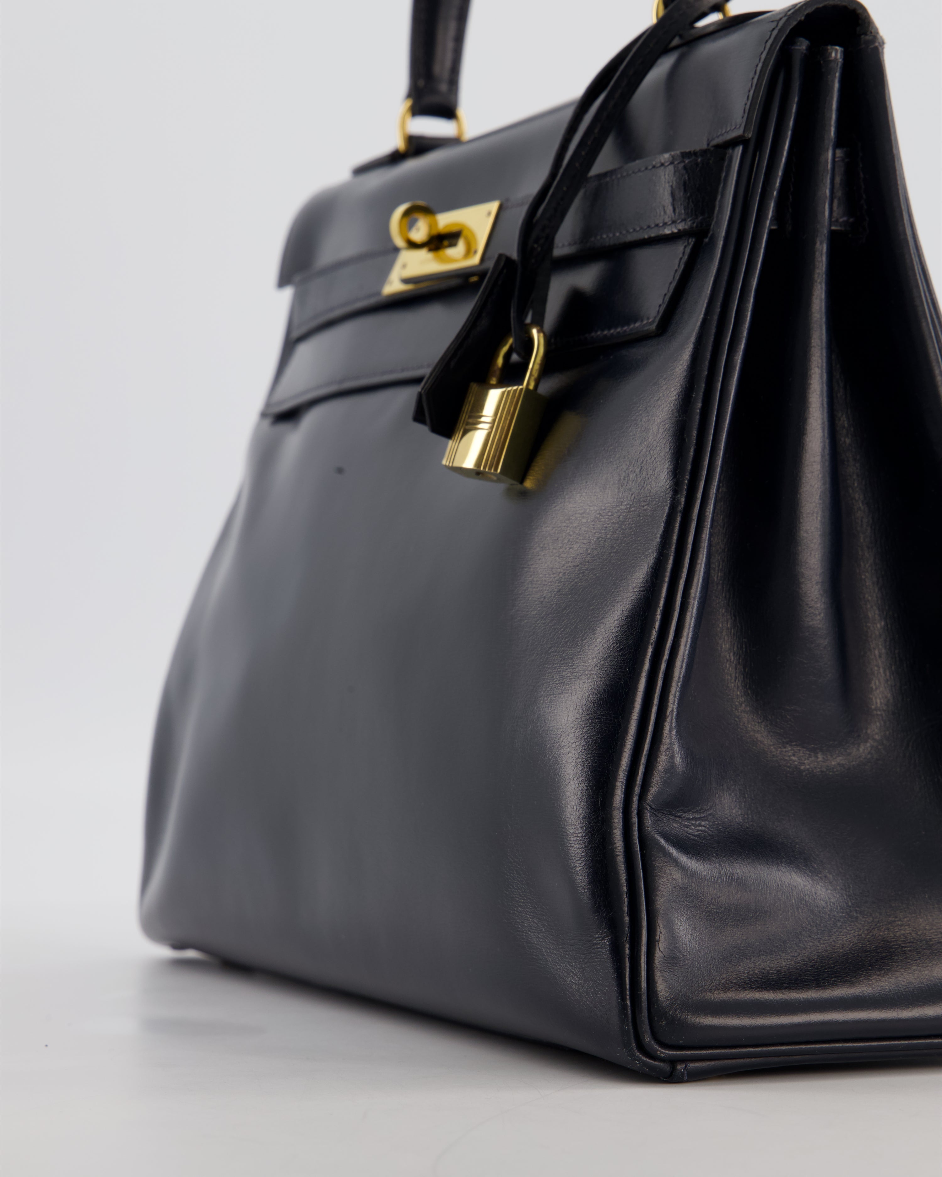 *RARE* Hermès Vintage Kelly 32 Retourne Bag in Bleu Navy Box Calf Leather with Gold Hardware