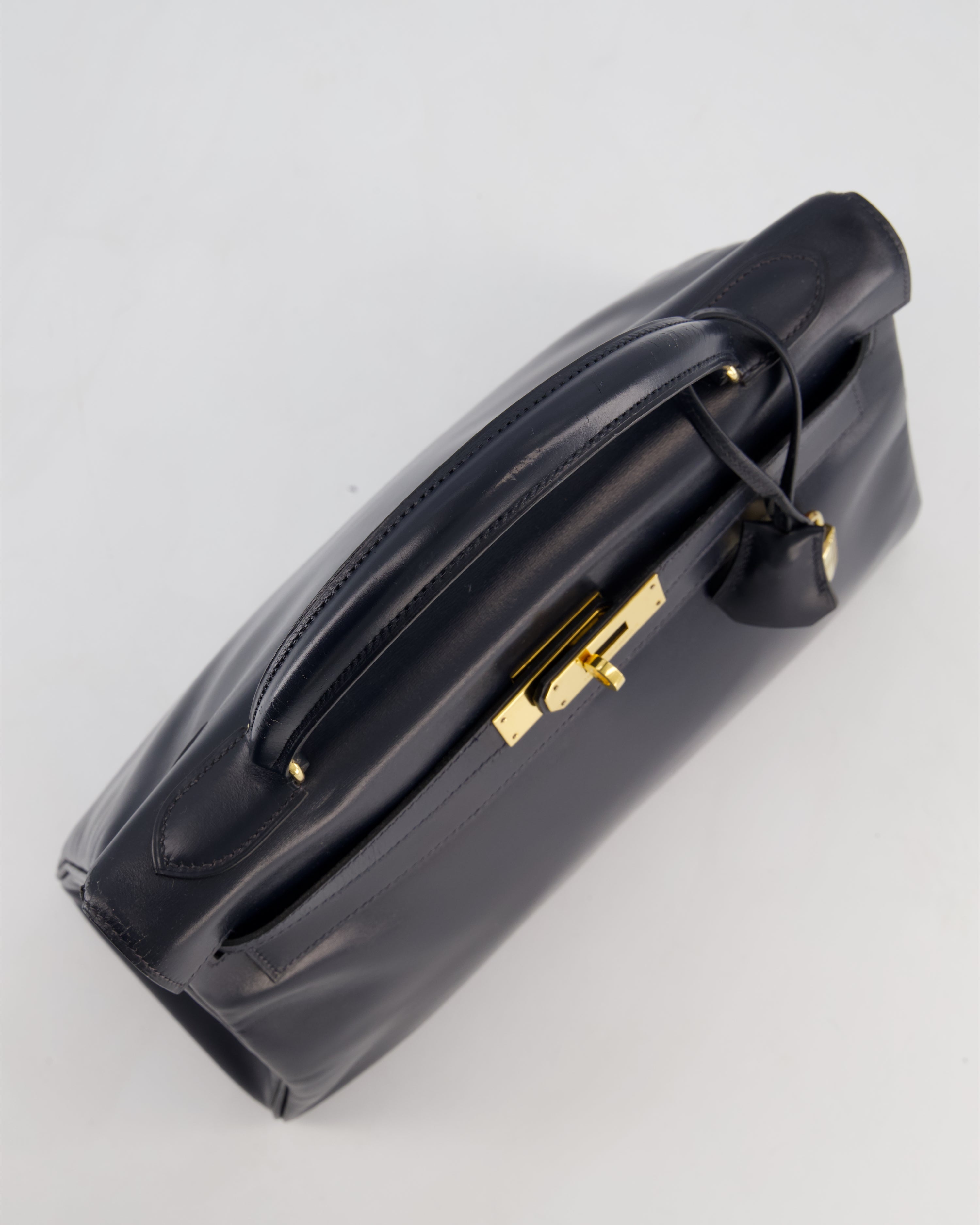 *RARE* Hermès Vintage Kelly 32 Retourne Bag in Bleu Navy Box Calf Leather with Gold Hardware