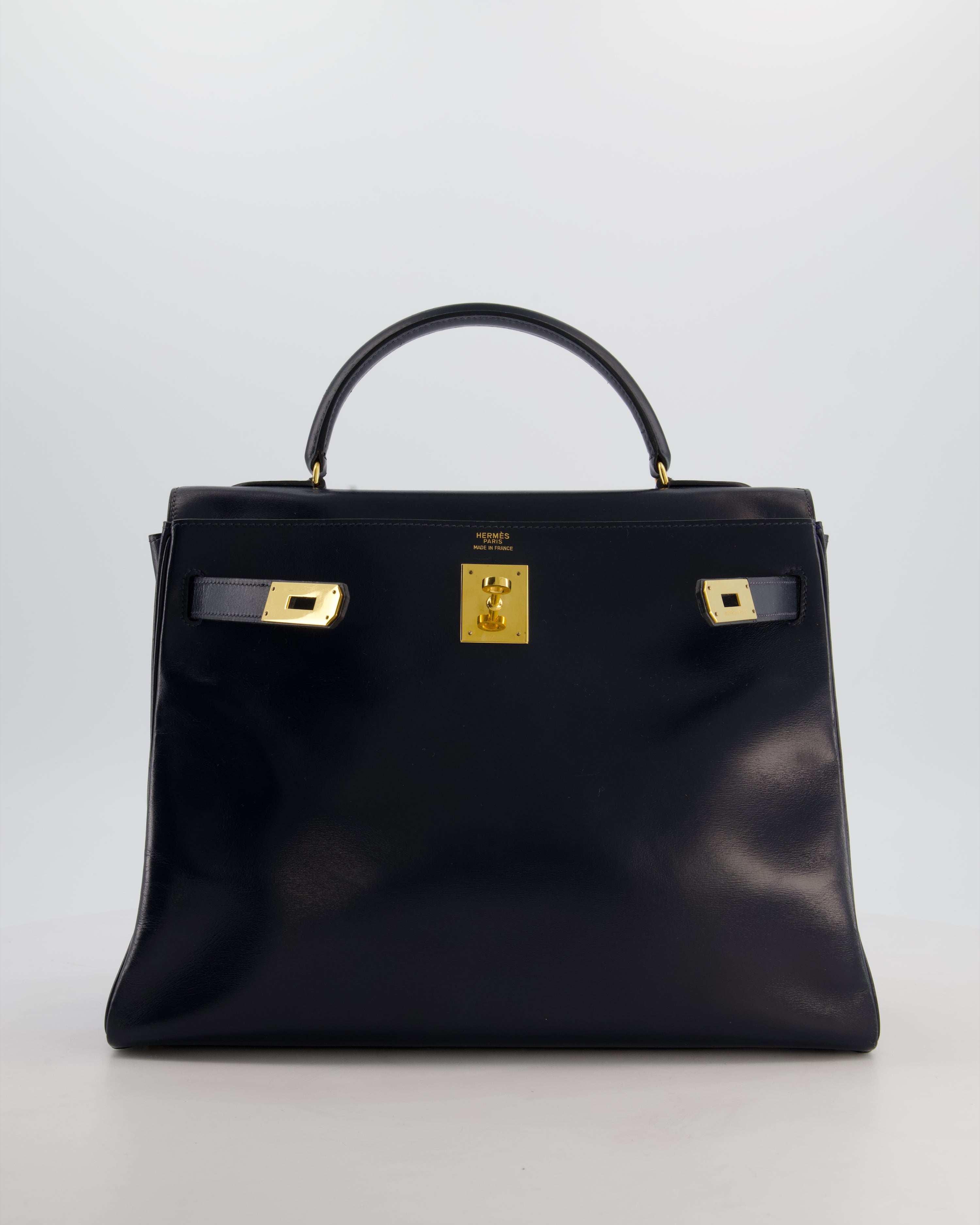 *RARE* Hermès Vintage Kelly 32 Retourne Bag in Bleu Navy Box Calf Leather with Gold Hardware