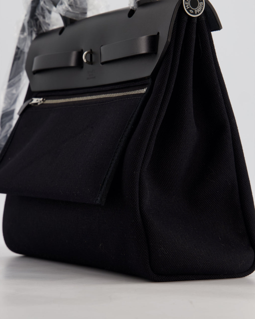 Hermès Herbag 31 Zip Bag in Noir Toile Officier Canvas, Noir Vache Hunter Leather with Palladium Hardware