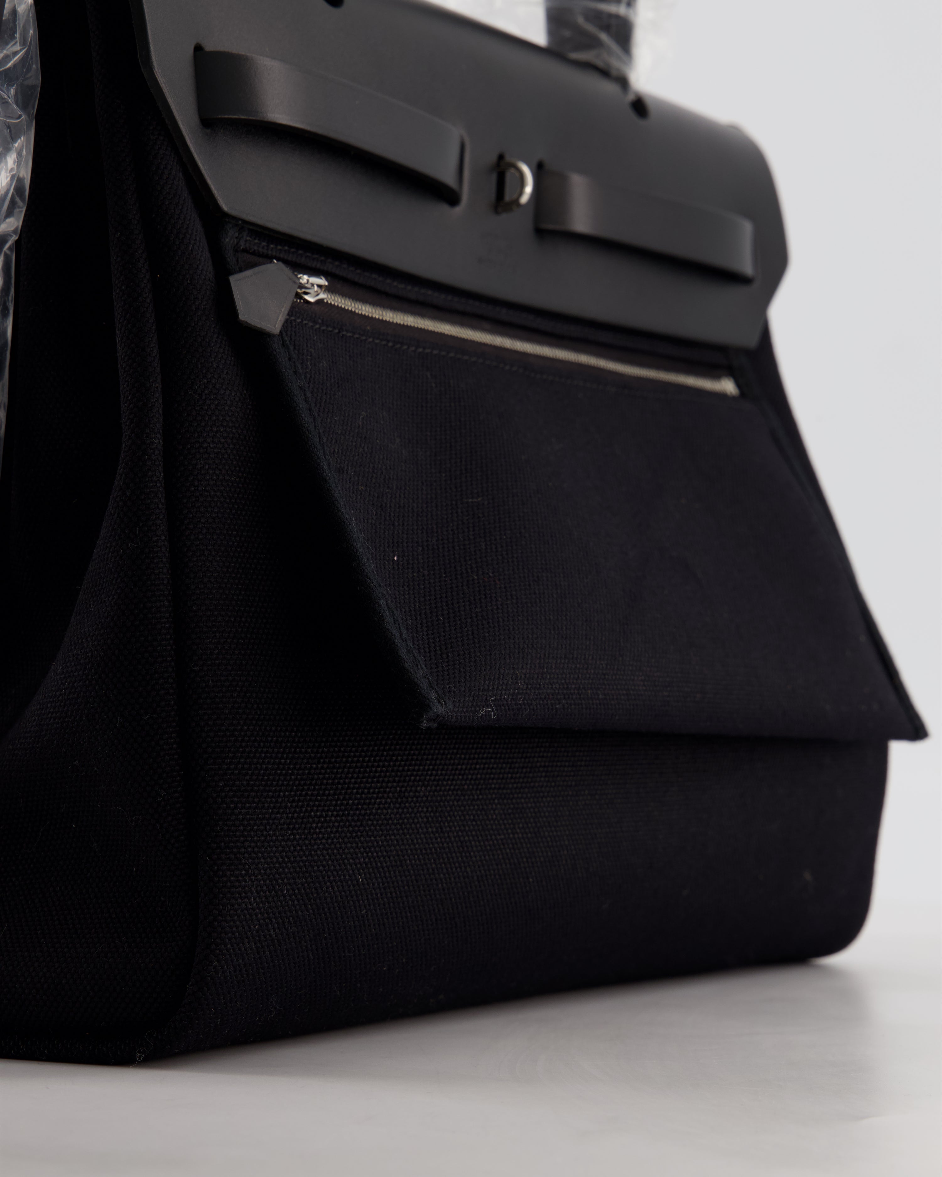 Hermès Herbag 31 Zip Bag in Noir Toile Officier Canvas, Noir Vache Hunter Leather with Palladium Hardware