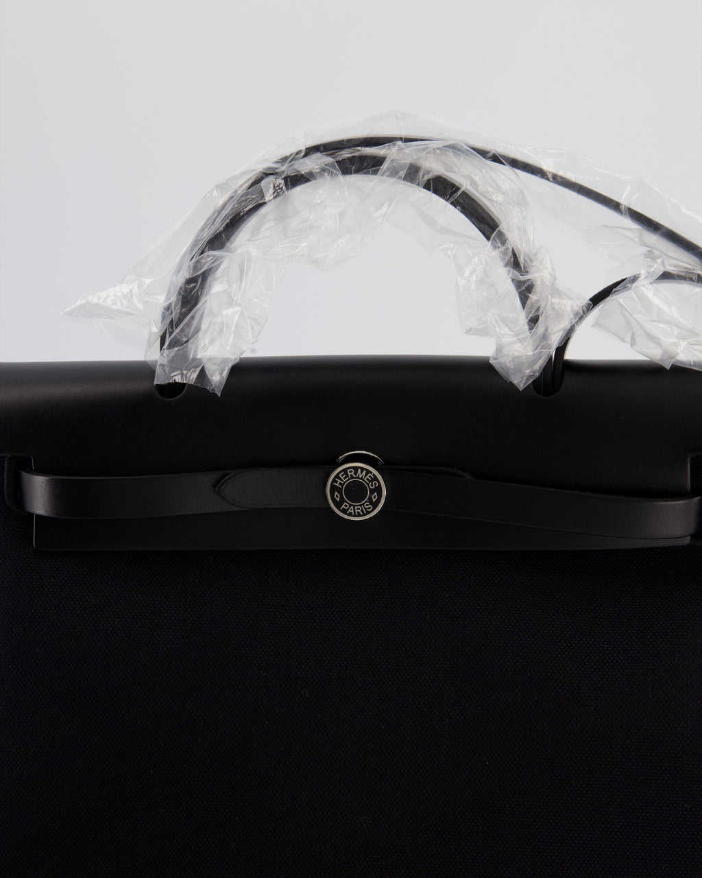 Hermès Herbag 31 Zip Bag in Noir Toile Officier Canvas, Noir Vache Hunter Leather with Palladium Hardware