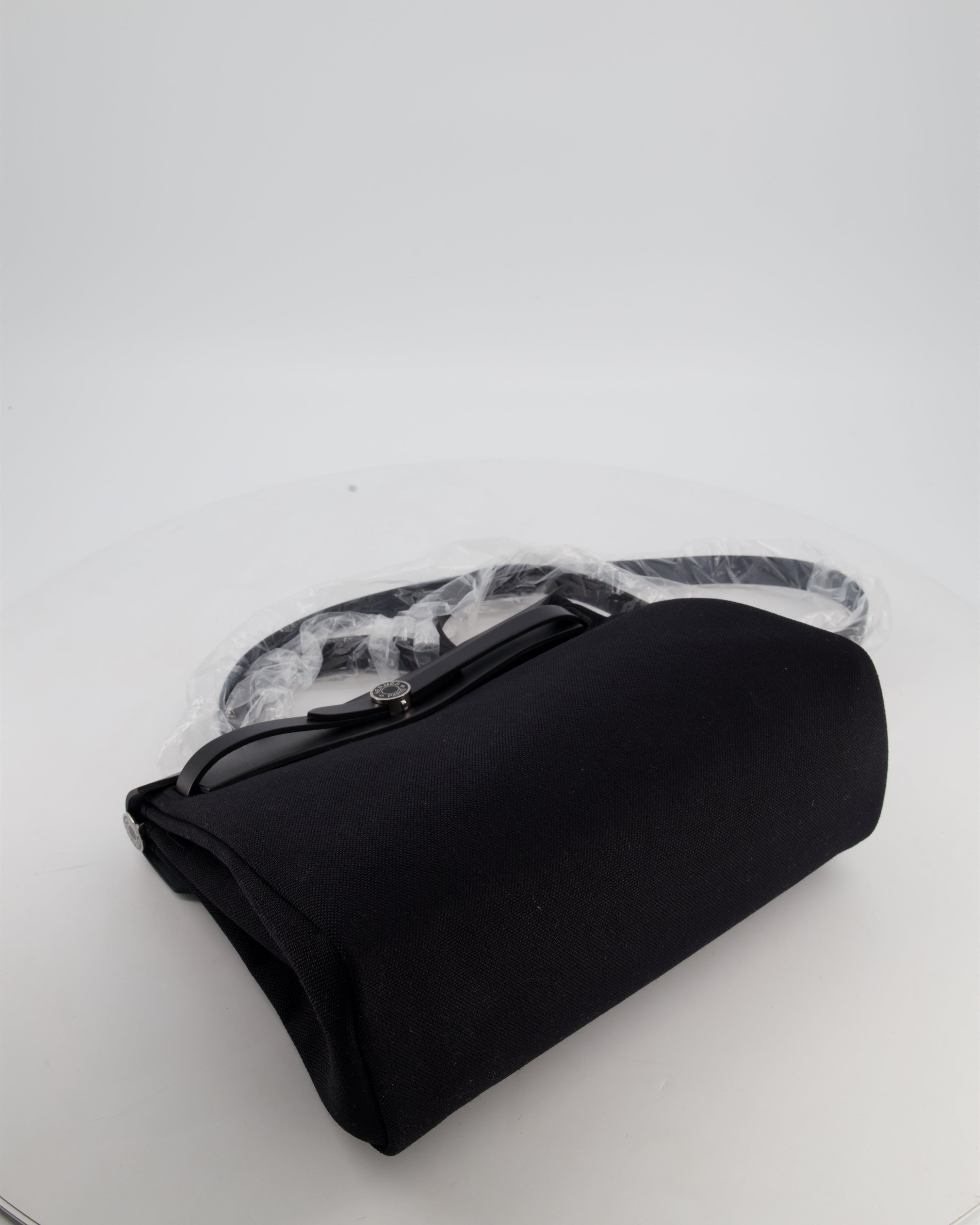 Hermès Herbag 31 Zip Bag in Noir Toile Officier Canvas, Noir Vache Hunter Leather with Palladium Hardware