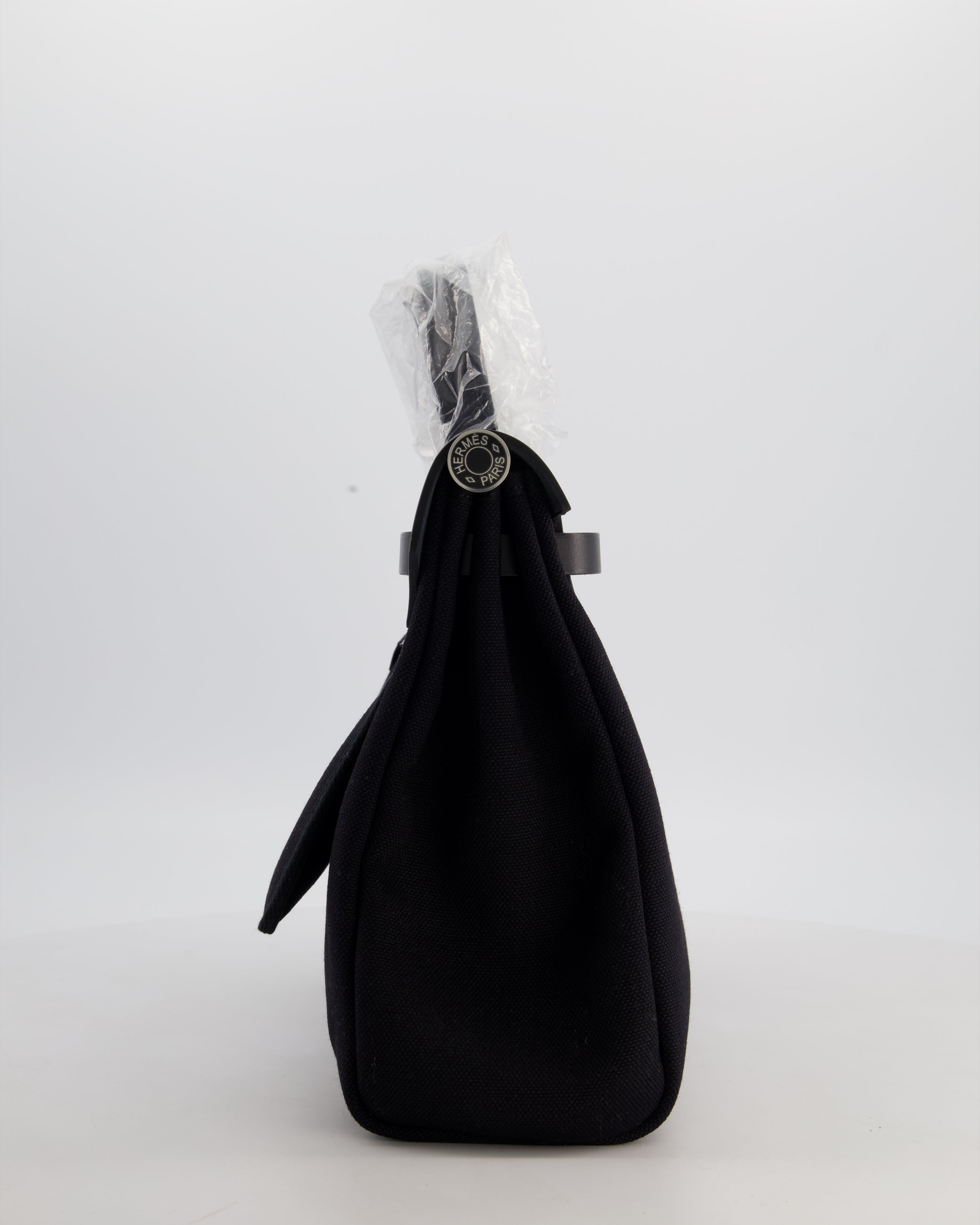 Hermès Herbag 31 Zip Bag in Noir Toile Officier Canvas, Noir Vache Hunter Leather with Palladium Hardware