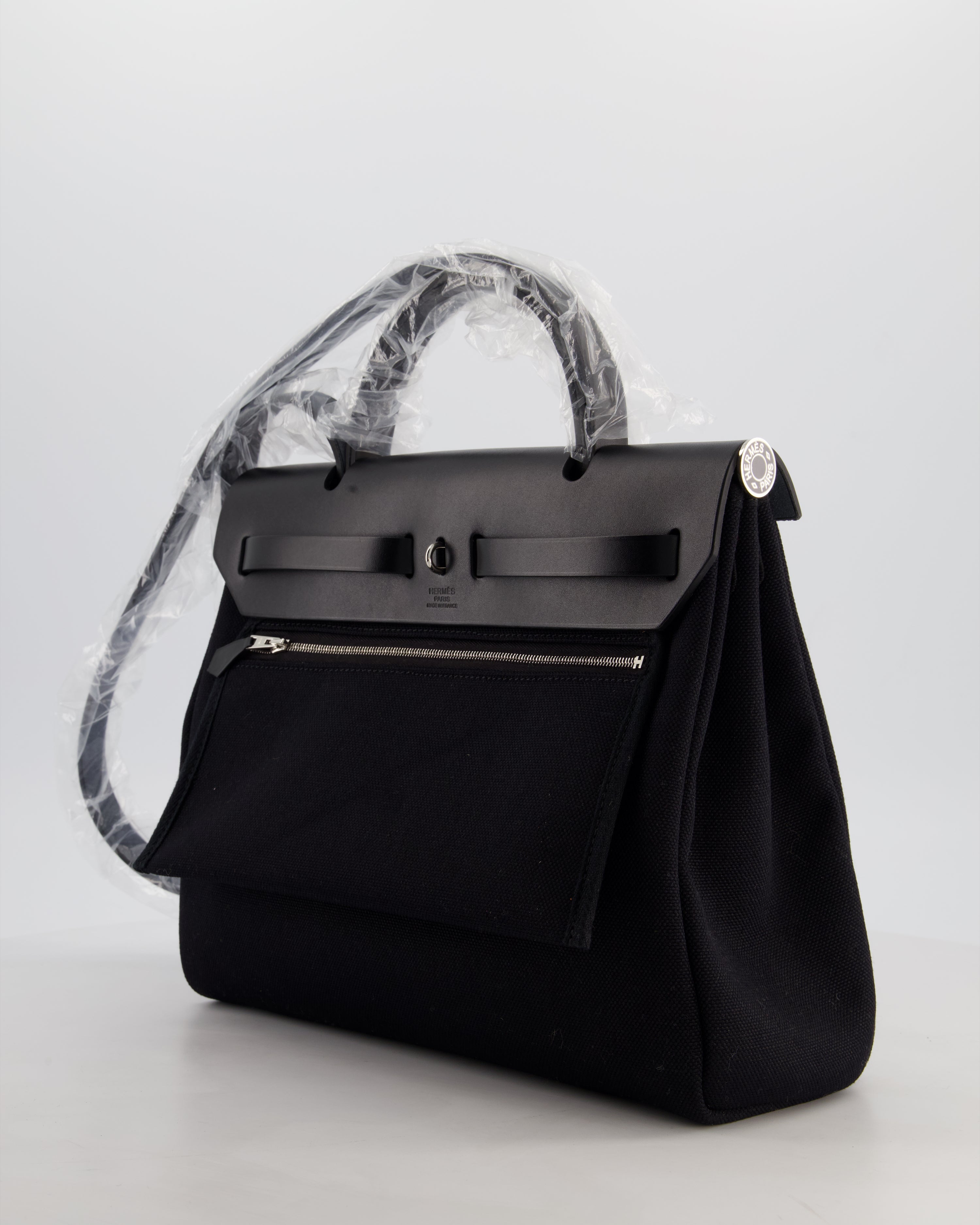 Hermès Herbag 31 Zip Bag in Noir Toile Officier Canvas, Noir Vache Hunter Leather with Palladium Hardware