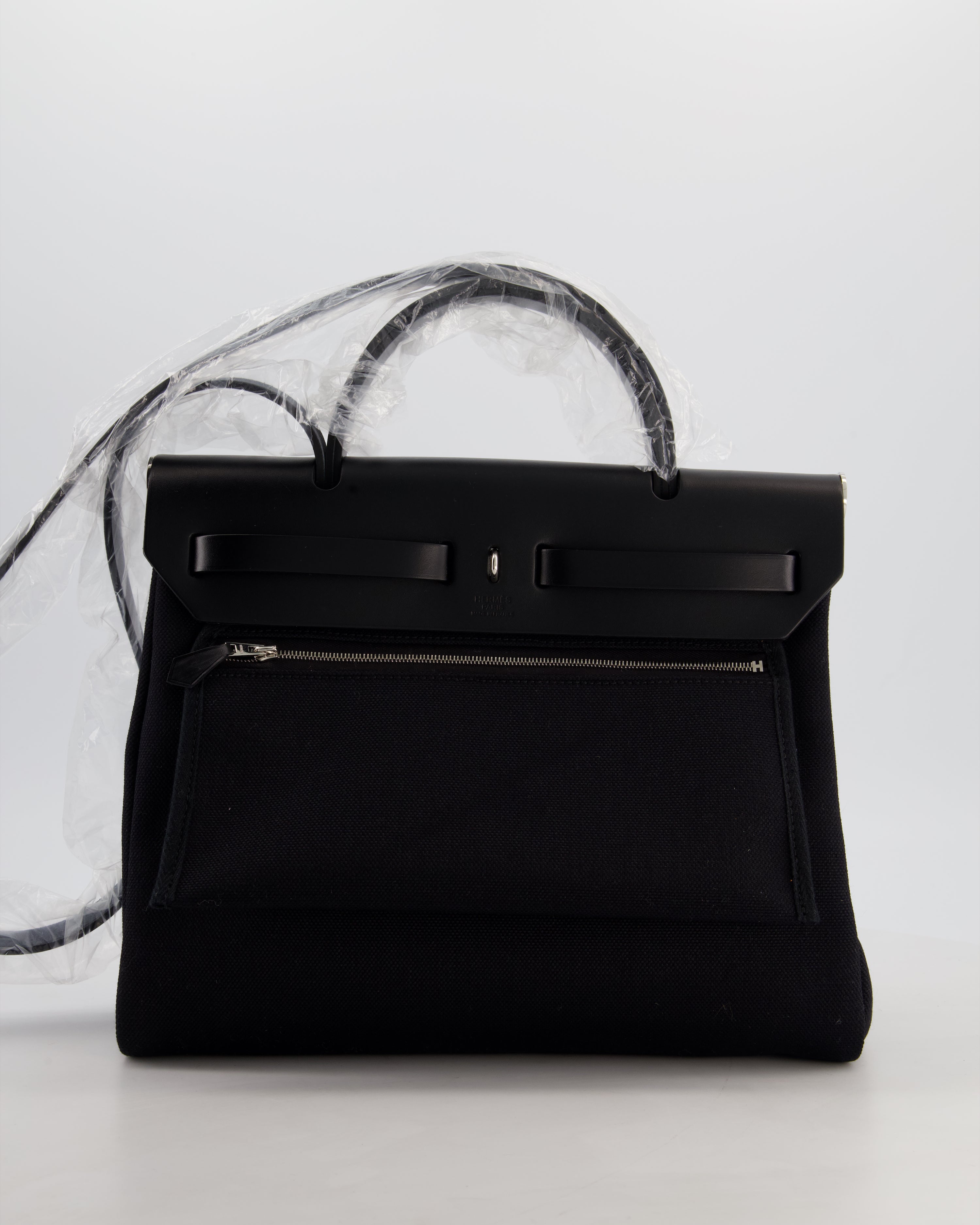 Hermès Herbag 31 Zip Bag in Noir Toile Officier Canvas, Noir Vache Hunter Leather with Palladium Hardware