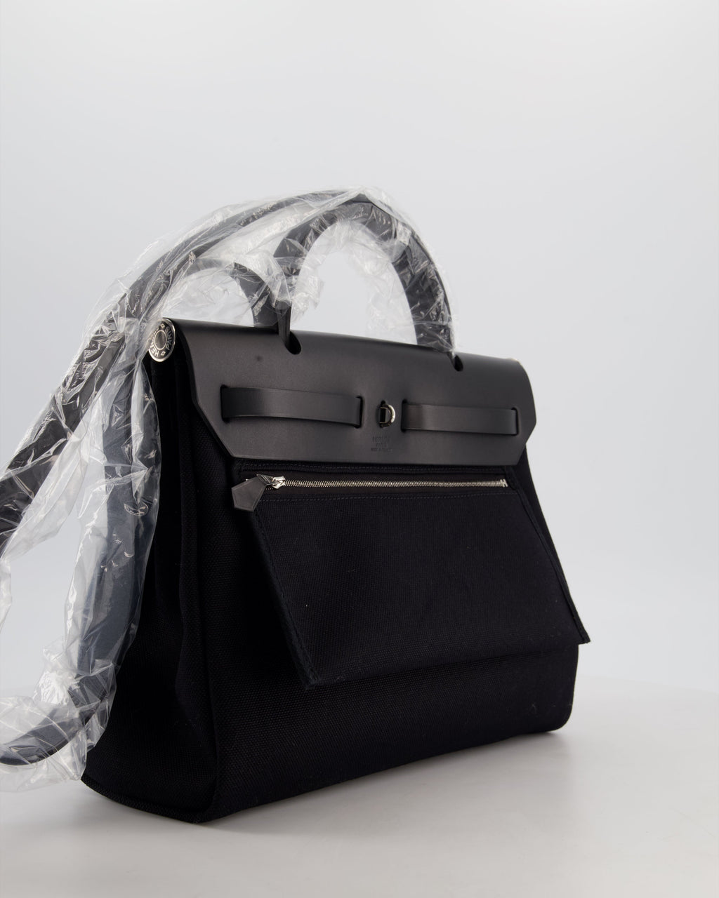 Hermès Herbag 31 Zip Bag in Noir Toile Officier Canvas, Noir Vache Hunter Leather with Palladium Hardware