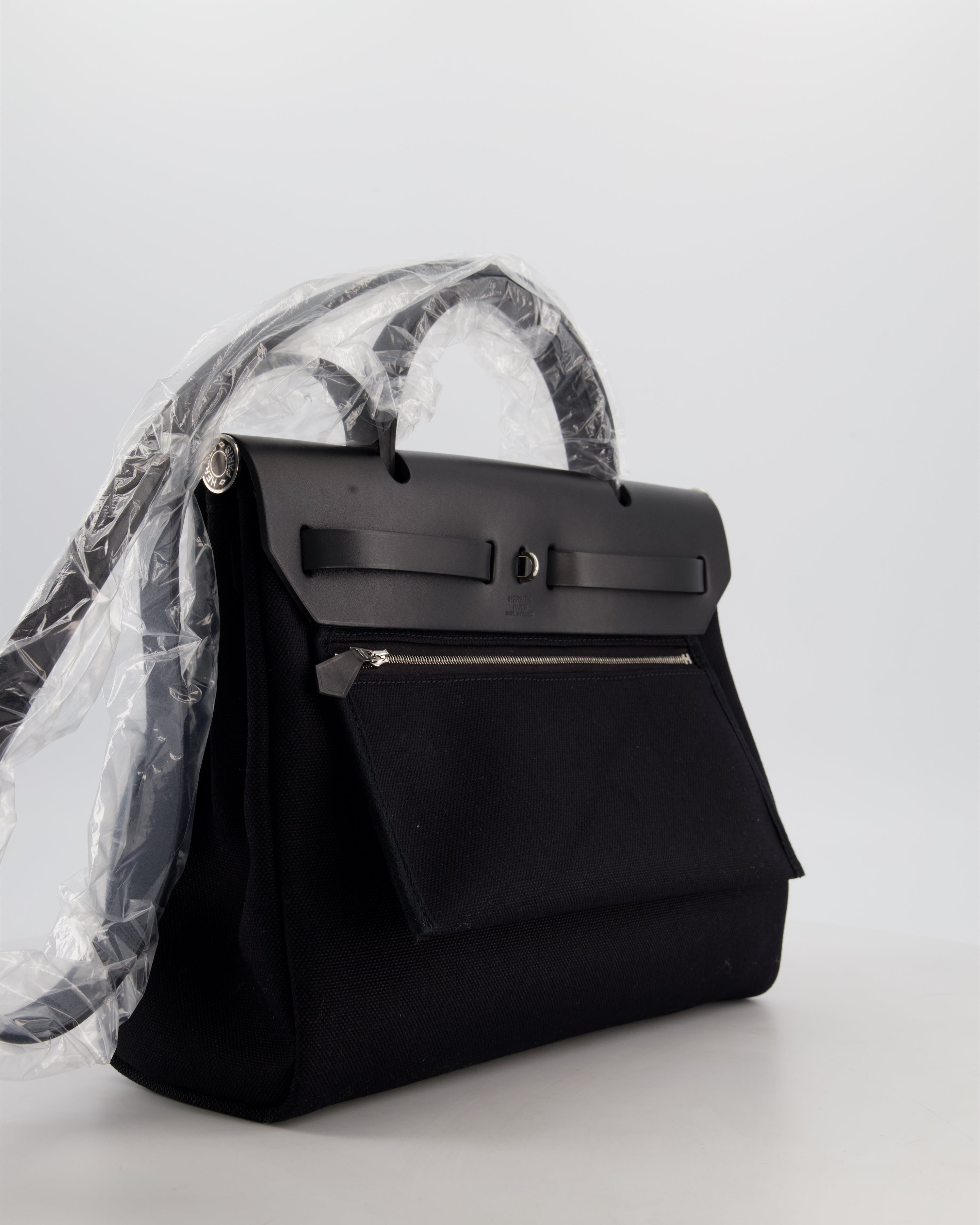 Hermès Herbag 31 Zip Bag in Noir Toile Officier Canvas, Noir Vache Hunter Leather with Palladium Hardware