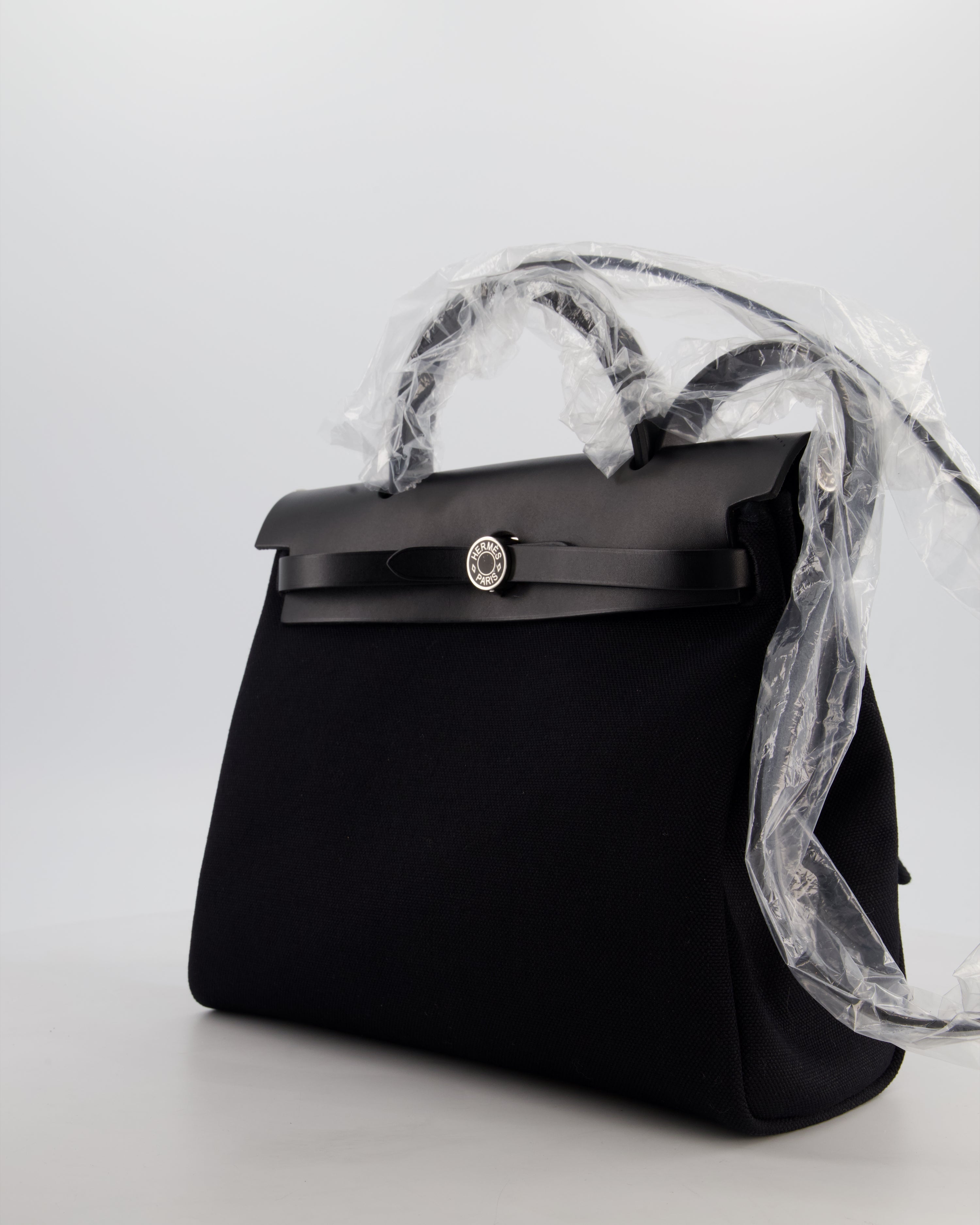 Hermès Herbag 31 Zip Bag in Noir Toile Officier Canvas, Noir Vache Hunter Leather with Palladium Hardware