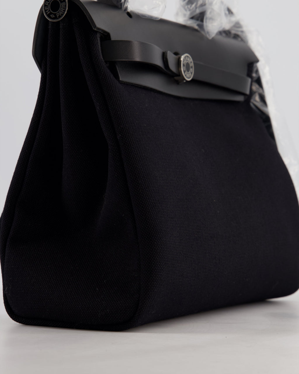 Hermès Herbag 31 Zip Bag in Noir Toile Officier Canvas, Noir Vache Hunter Leather with Palladium Hardware