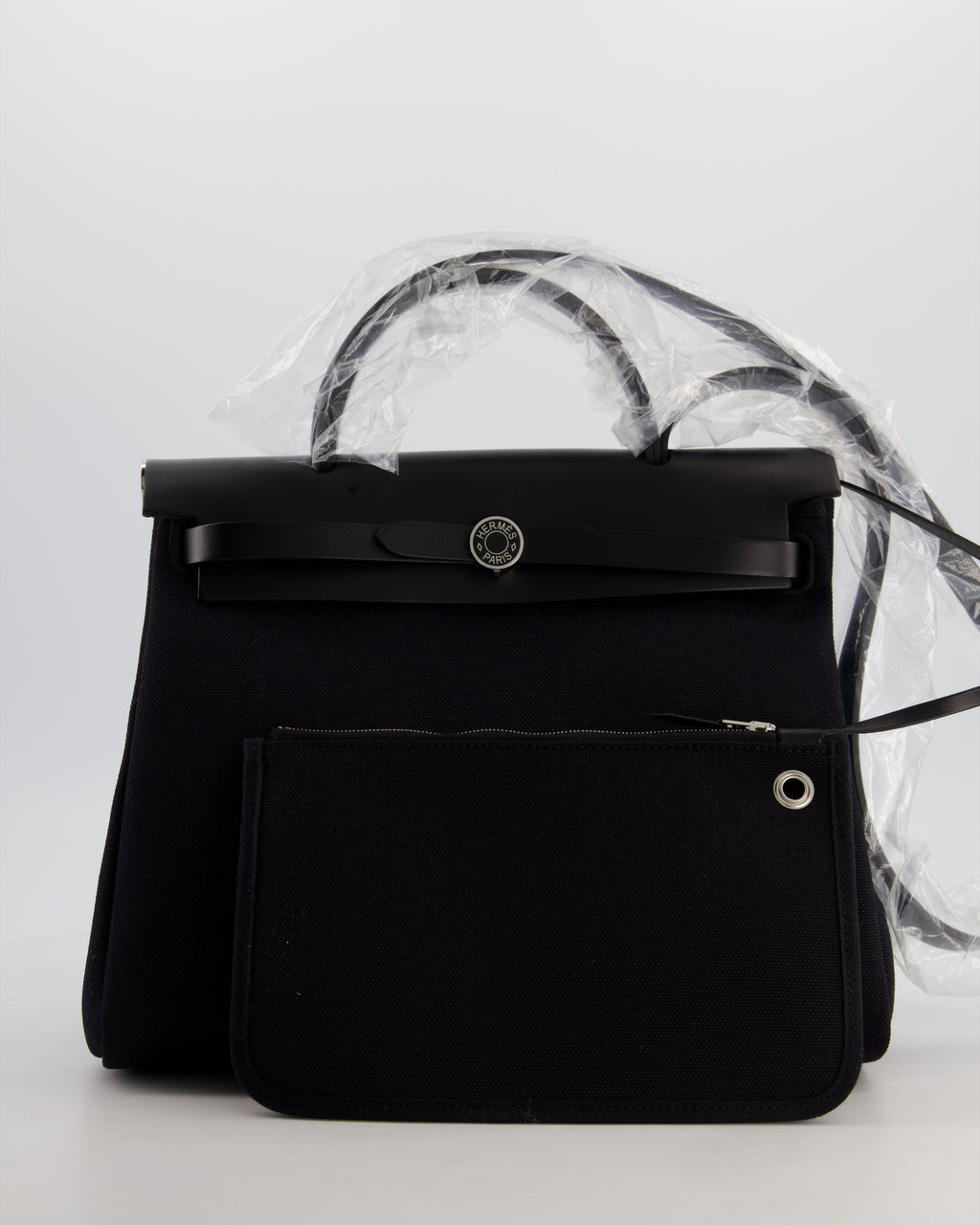 Hermès Herbag 31 Zip Bag in Noir Toile Officier Canvas, Noir Vache Hunter Leather with Palladium Hardware