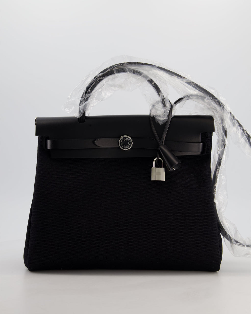 Hermès Herbag 31 Zip Bag in Noir Toile Officier Canvas, Noir Vache Hunter Leather with Palladium Hardware