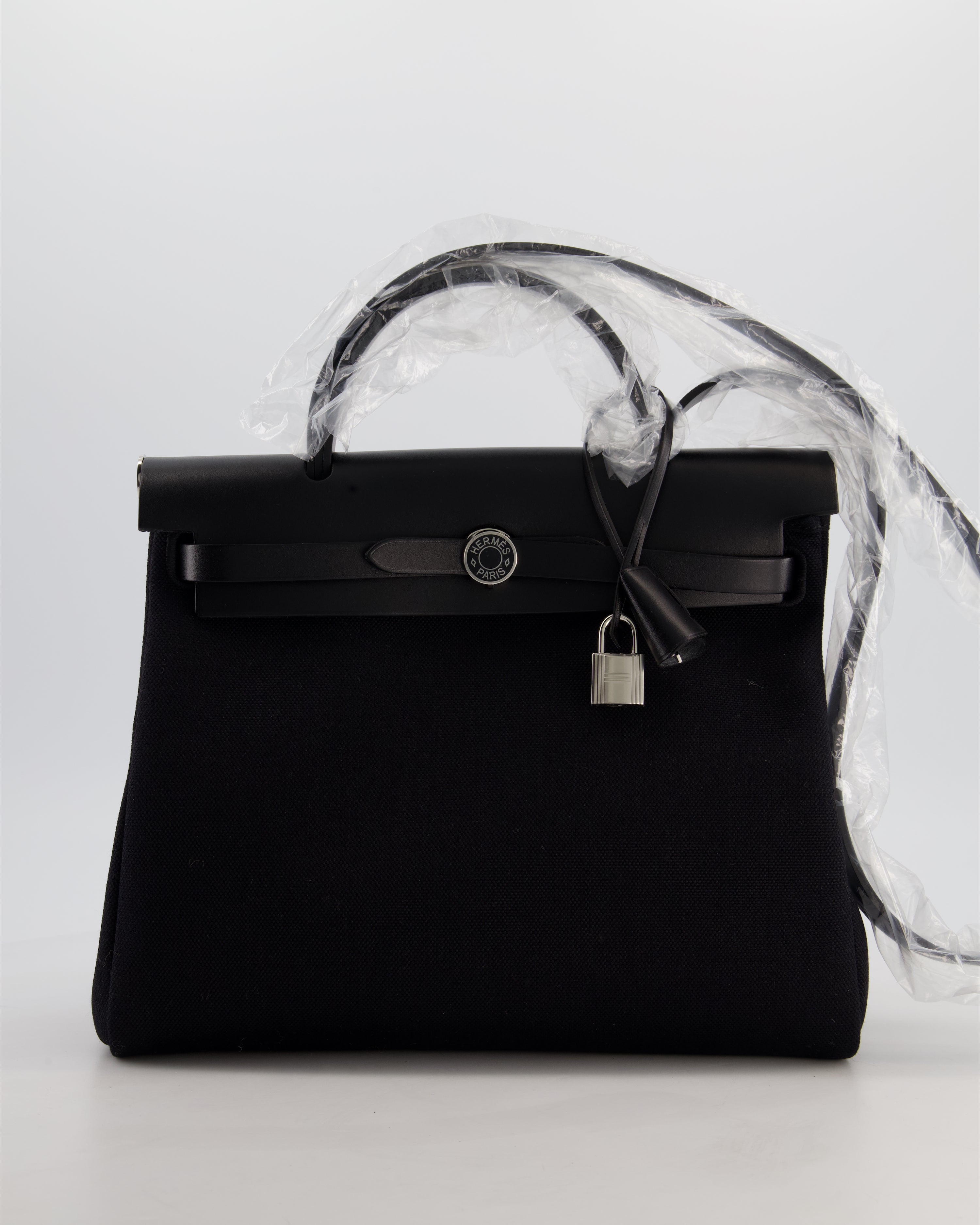 Hermès Herbag 31 Zip Bag in Noir Toile Officier Canvas, Noir Vache Hunter Leather with Palladium Hardware