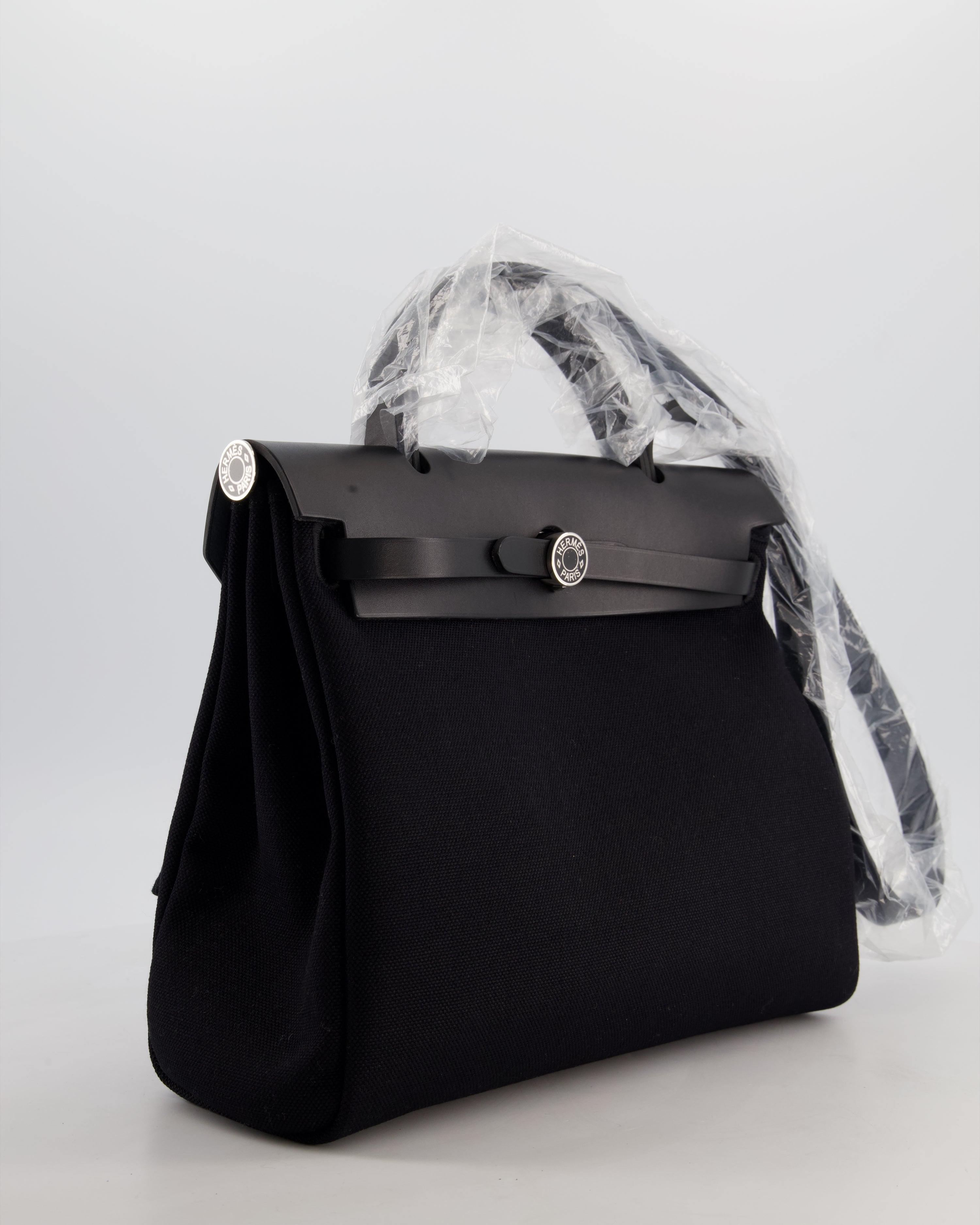 Hermès Herbag 31 Zip Bag in Noir Toile Officier Canvas, Noir Vache Hunter Leather with Palladium Hardware