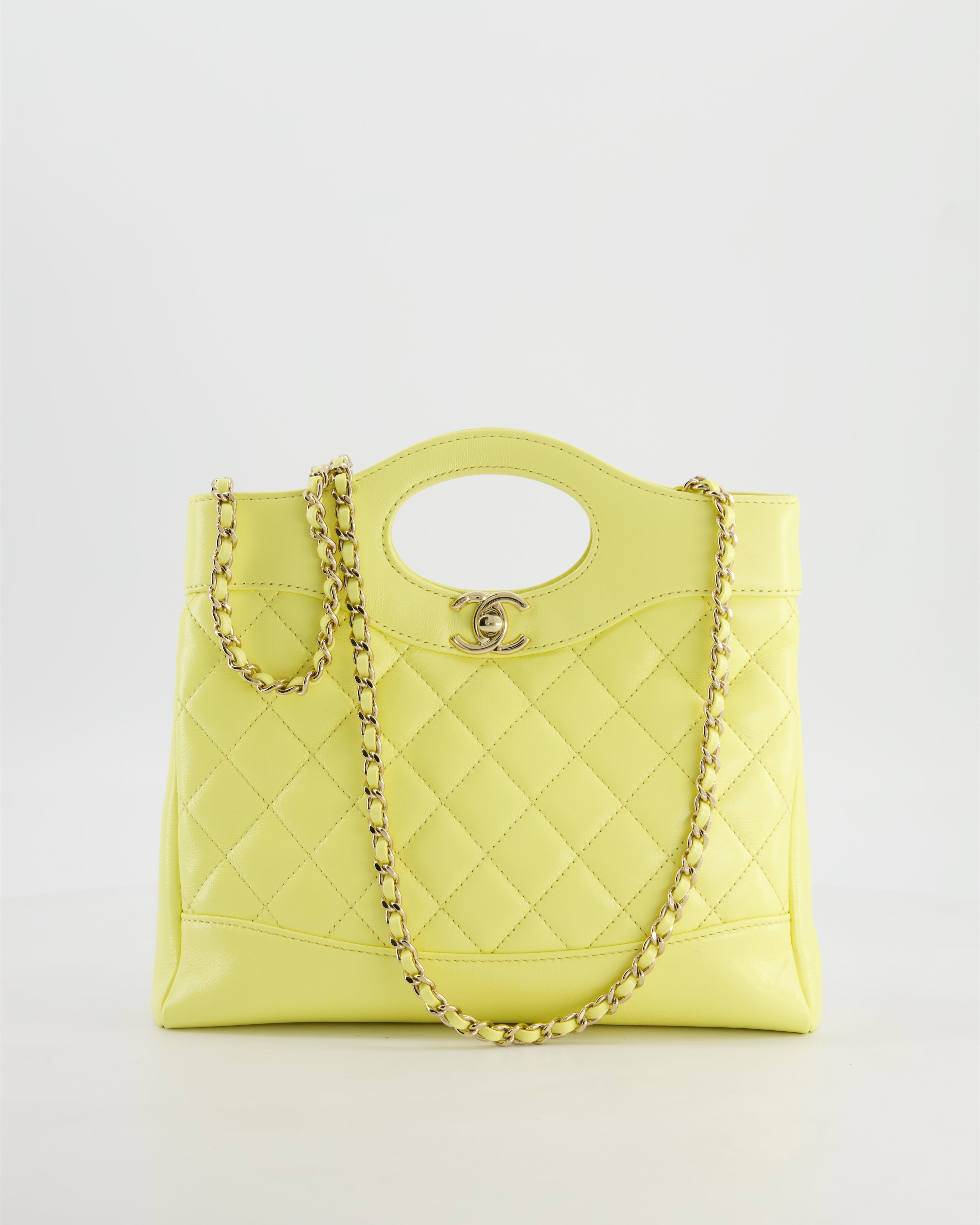 Chanel Small 31 Bag with Chain in Yellow Shiny Calfskin Leather with Champagne Gold Hardware