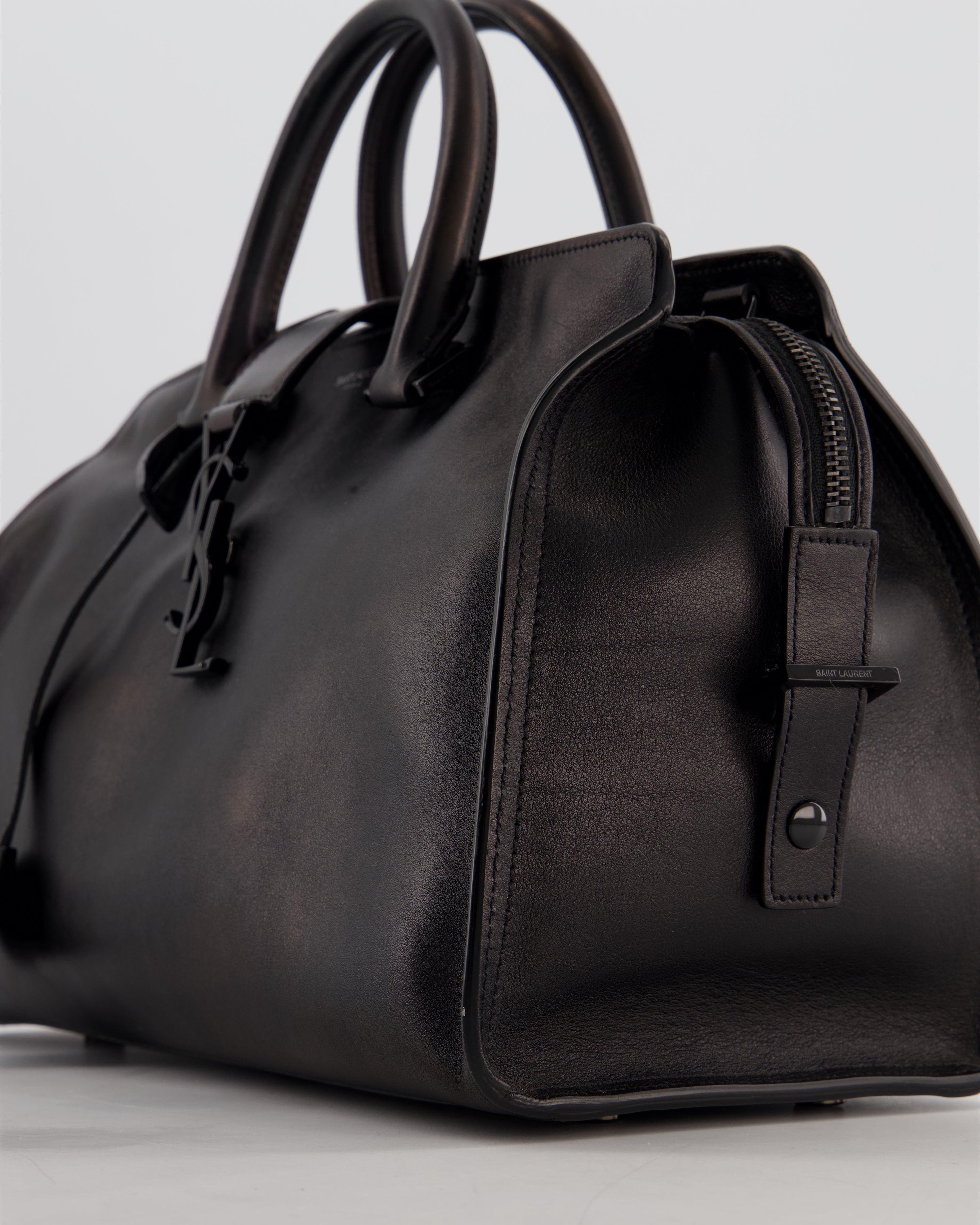 Saint Laurent Black Small Monogram Cabas Satchel Bag in Calfskin Leather and Black Hardware