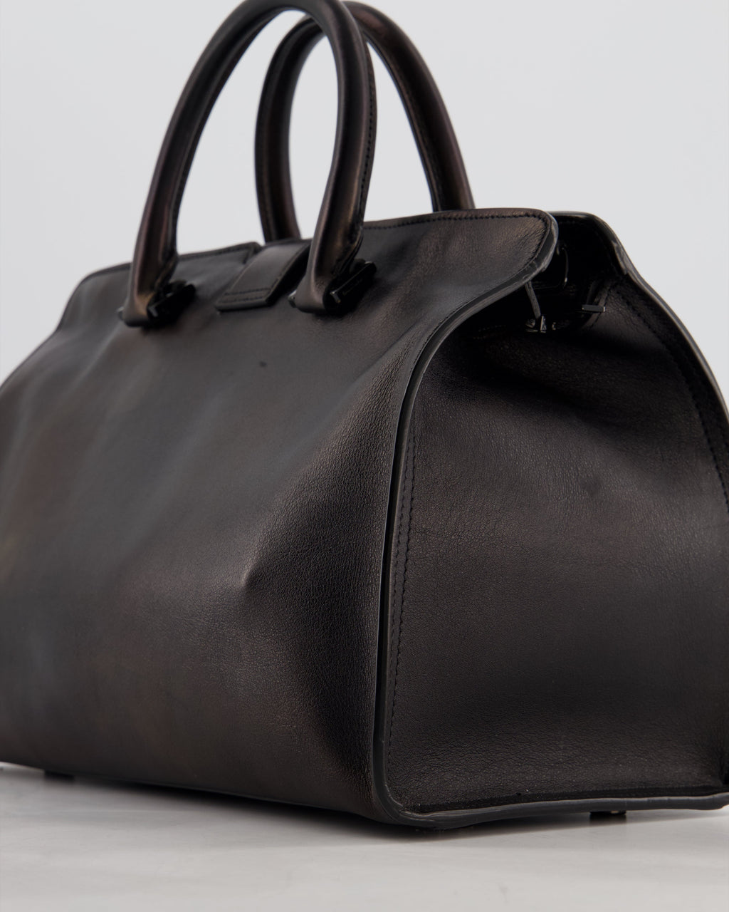 Saint Laurent Black Small Monogram Cabas Satchel Bag in Calfskin Leather and Black Hardware
