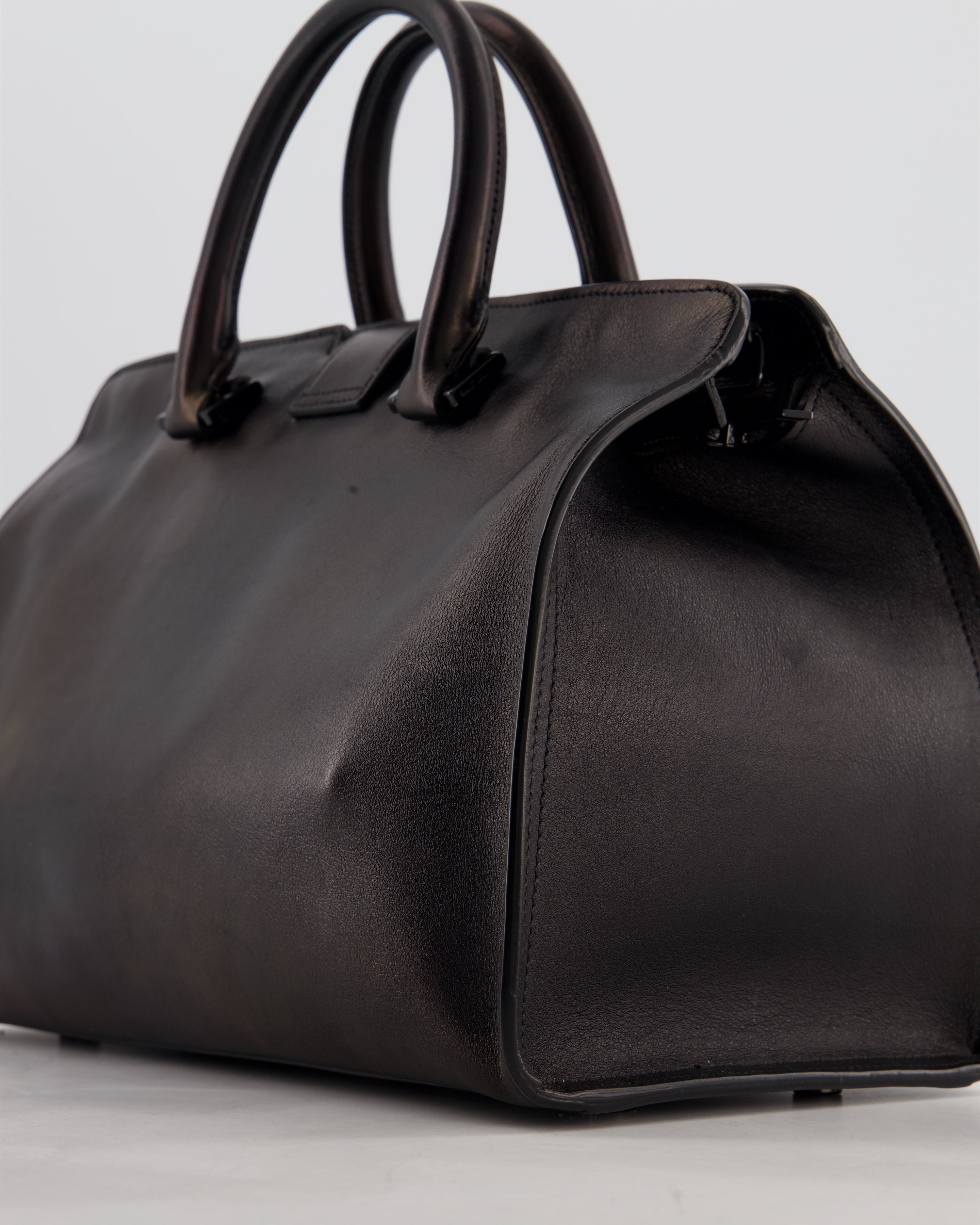 Saint Laurent Black Small Monogram Cabas Satchel Bag in Calfskin Leather and Black Hardware