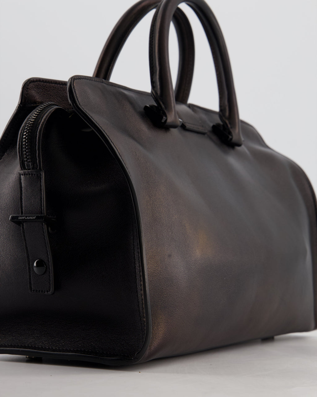Saint Laurent Black Small Monogram Cabas Satchel Bag in Calfskin Leather and Black Hardware