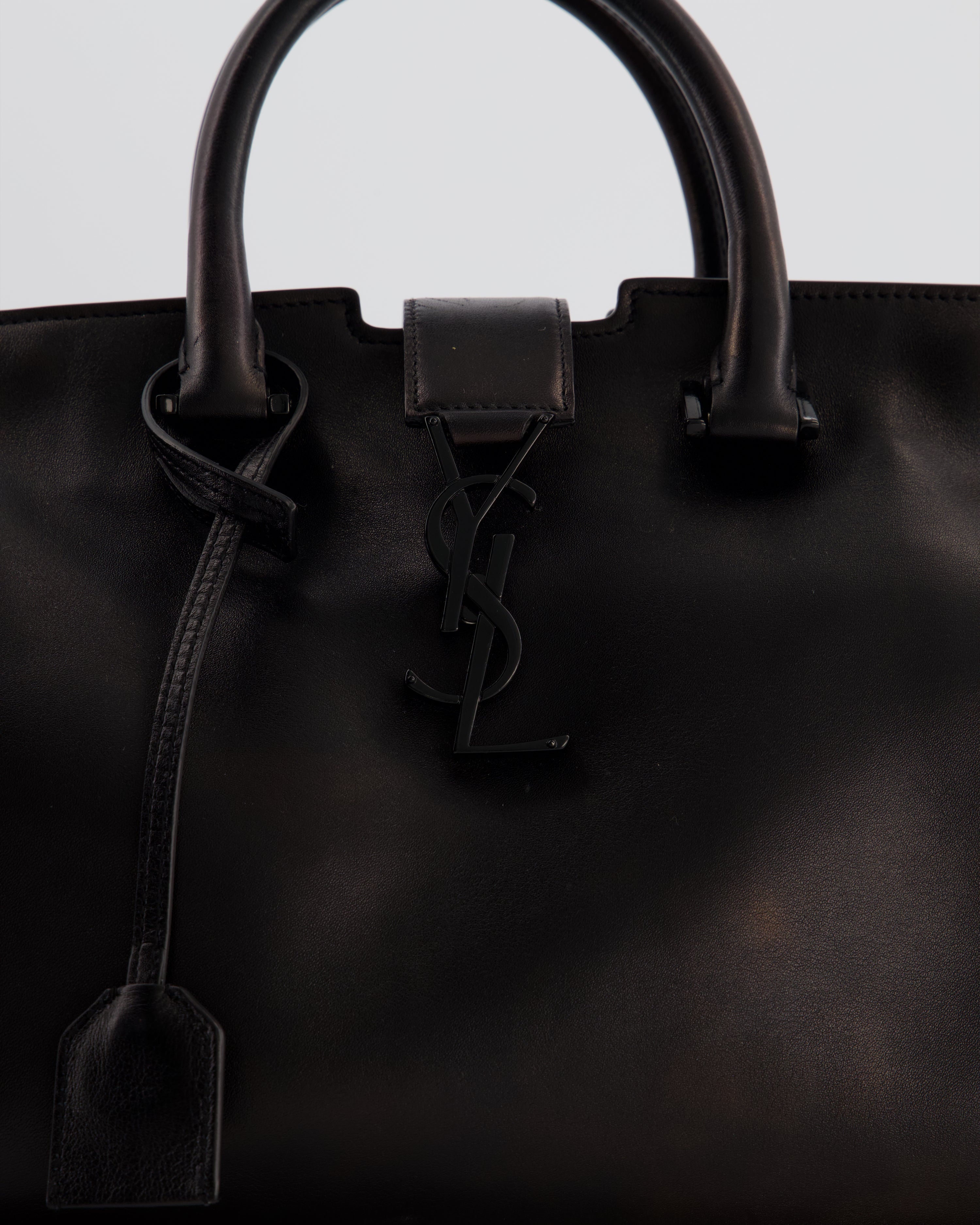 Saint Laurent Black Small Monogram Cabas Satchel Bag in Calfskin Leather and Black Hardware