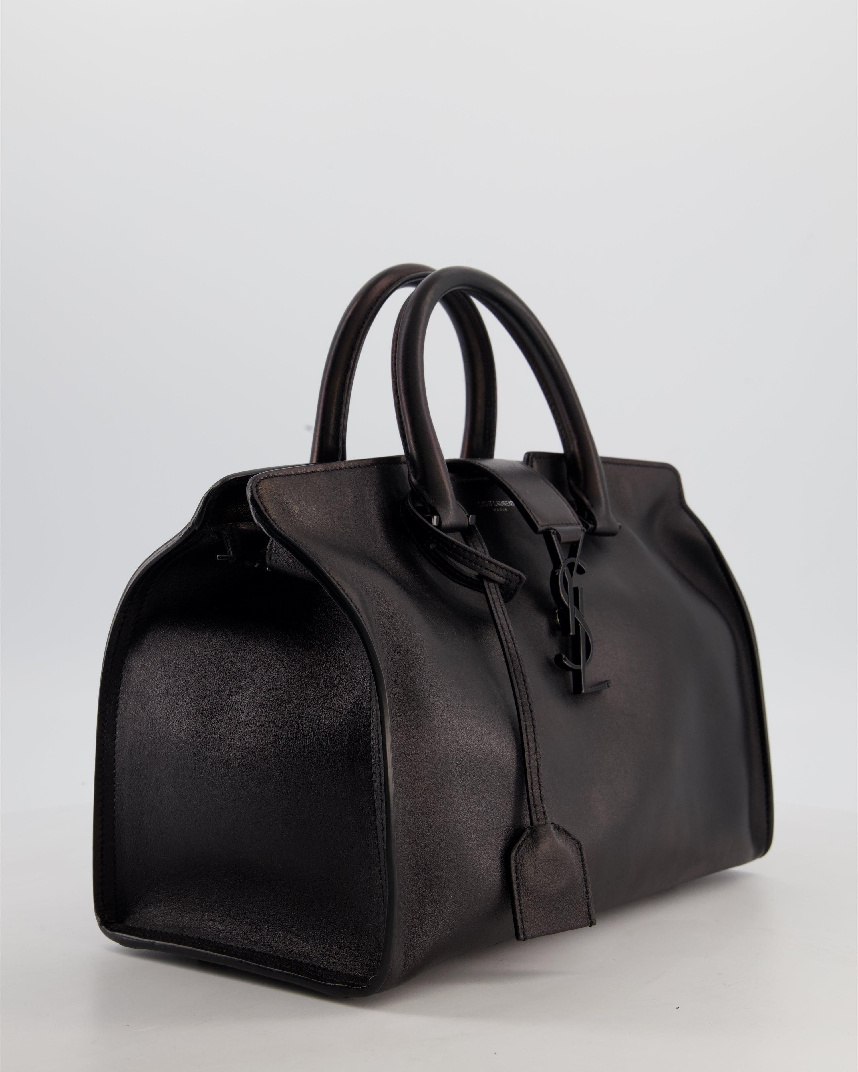 Saint Laurent Black Small Monogram Cabas Satchel Bag in Calfskin Leather and Black Hardware