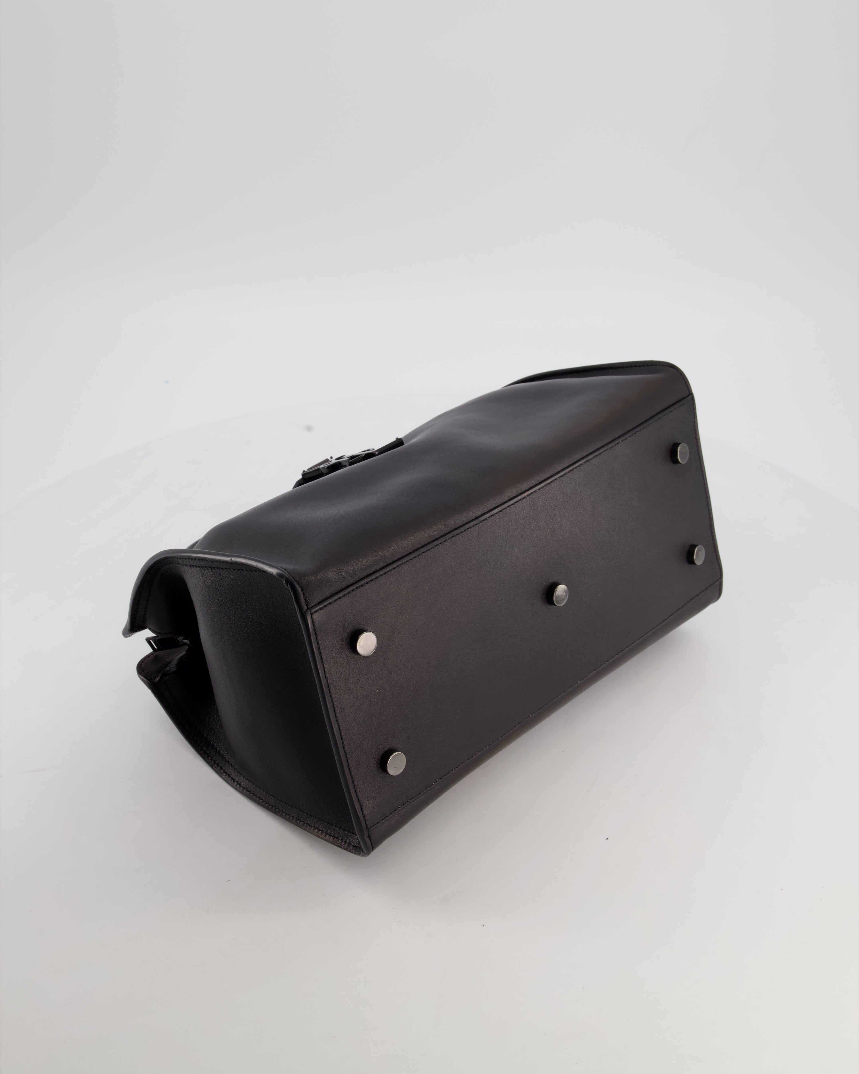 Saint Laurent Black Small Monogram Cabas Satchel Bag in Calfskin Leather and Black Hardware