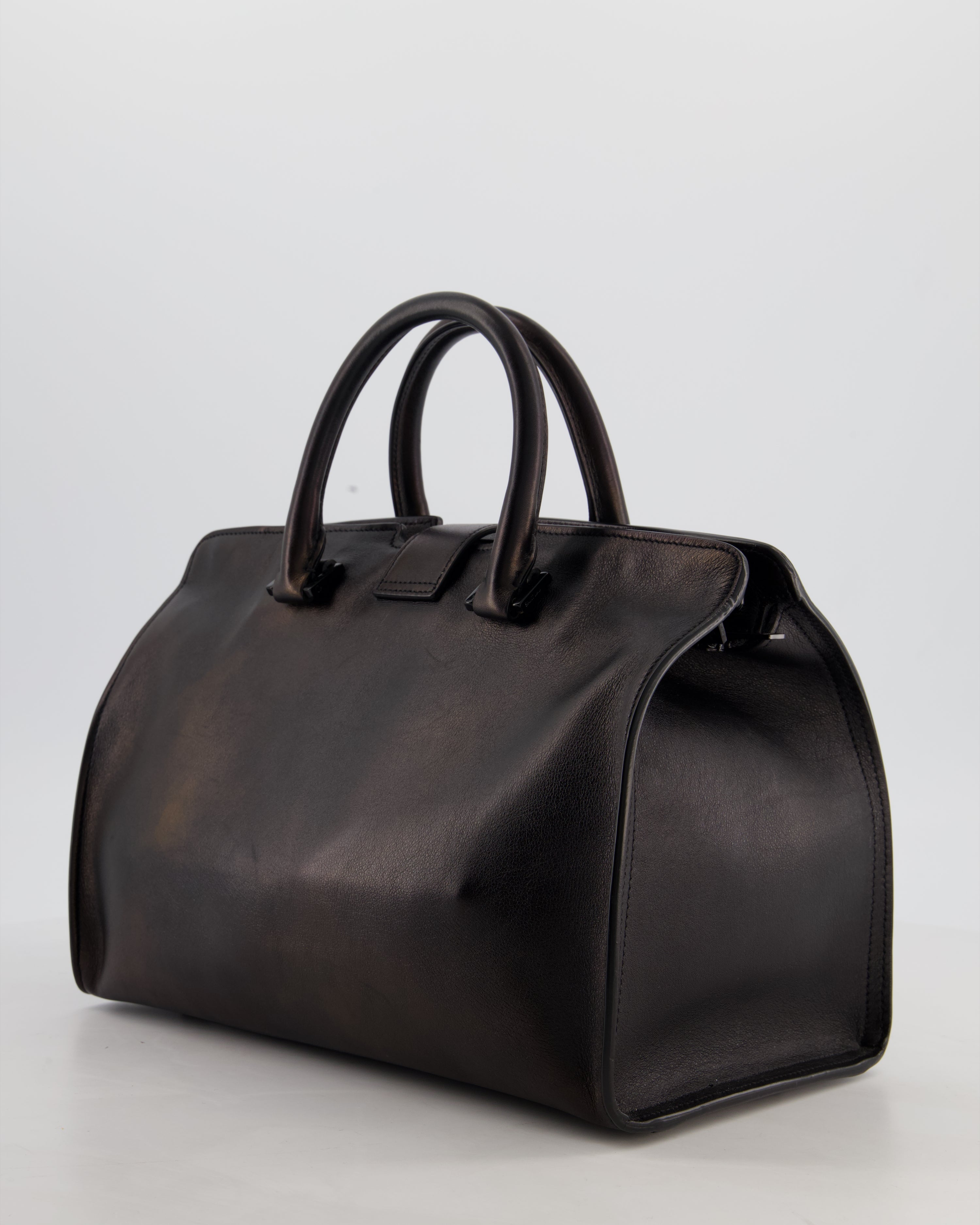 Saint Laurent Black Small Monogram Cabas Satchel Bag in Calfskin Leather and Black Hardware