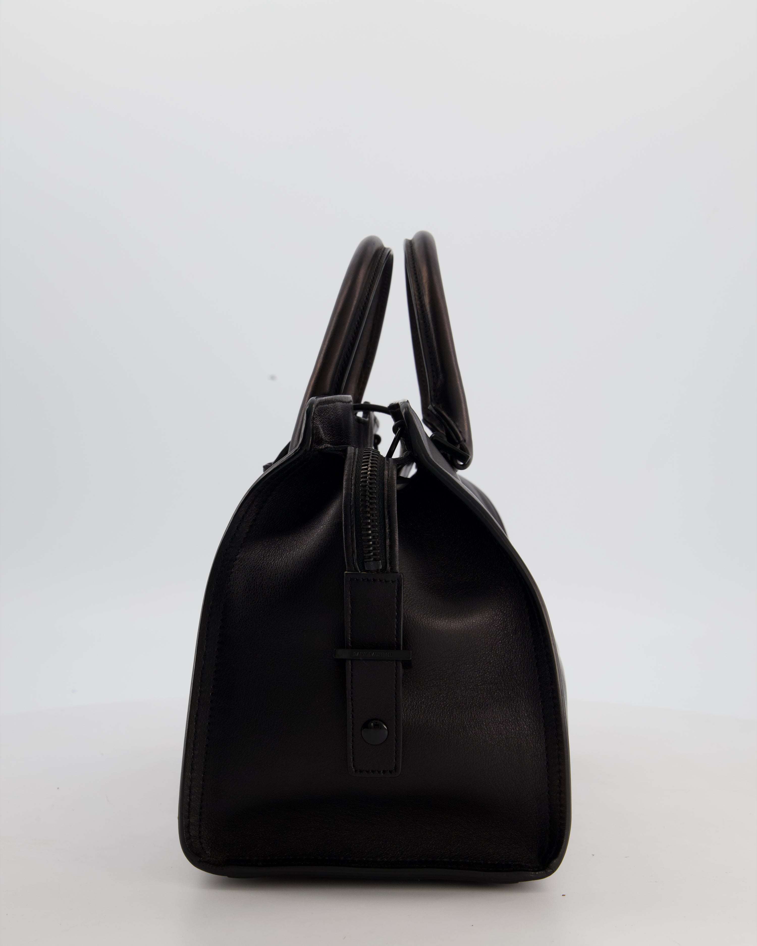 Saint Laurent Black Small Monogram Cabas Satchel Bag in Calfskin Leather and Black Hardware