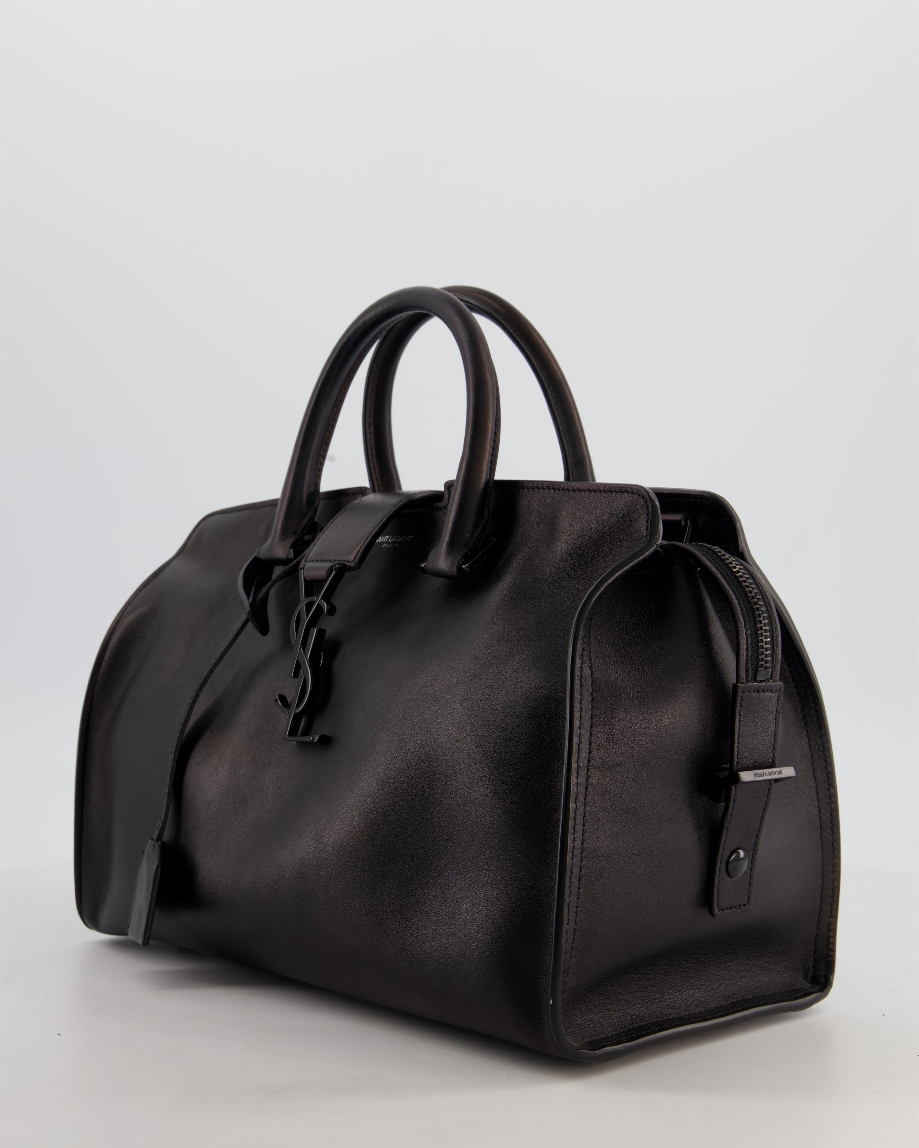 Saint Laurent Black Small Monogram Cabas Satchel Bag in Calfskin Leather and Black Hardware
