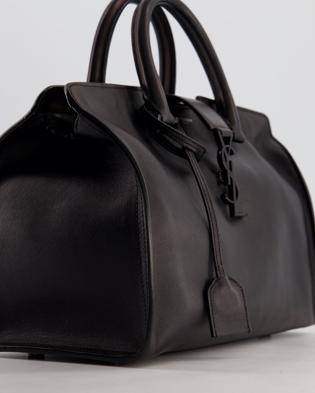 Saint Laurent Black Small Monogram Cabas Satchel Bag in Calfskin Leather and Black Hardware
