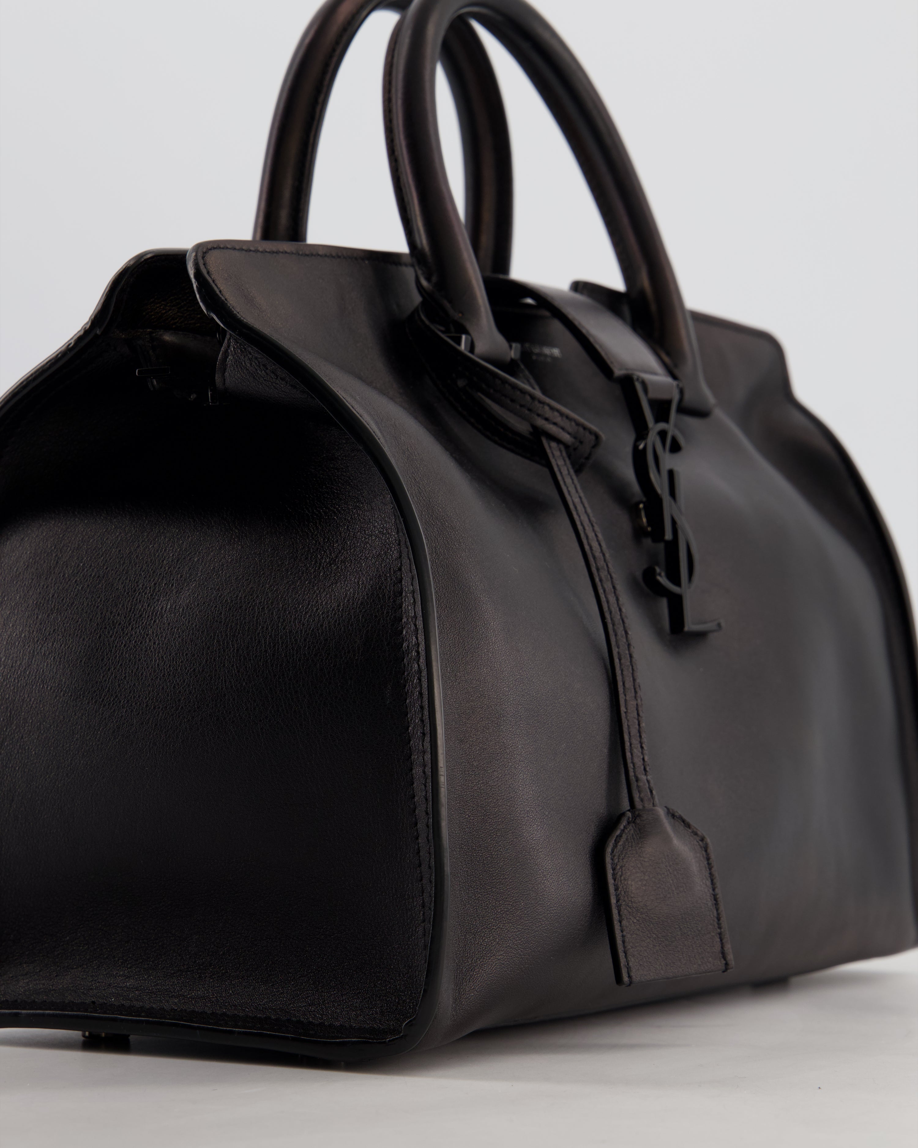 Saint Laurent Black Small Monogram Cabas Satchel Bag in Calfskin Leather and Black Hardware