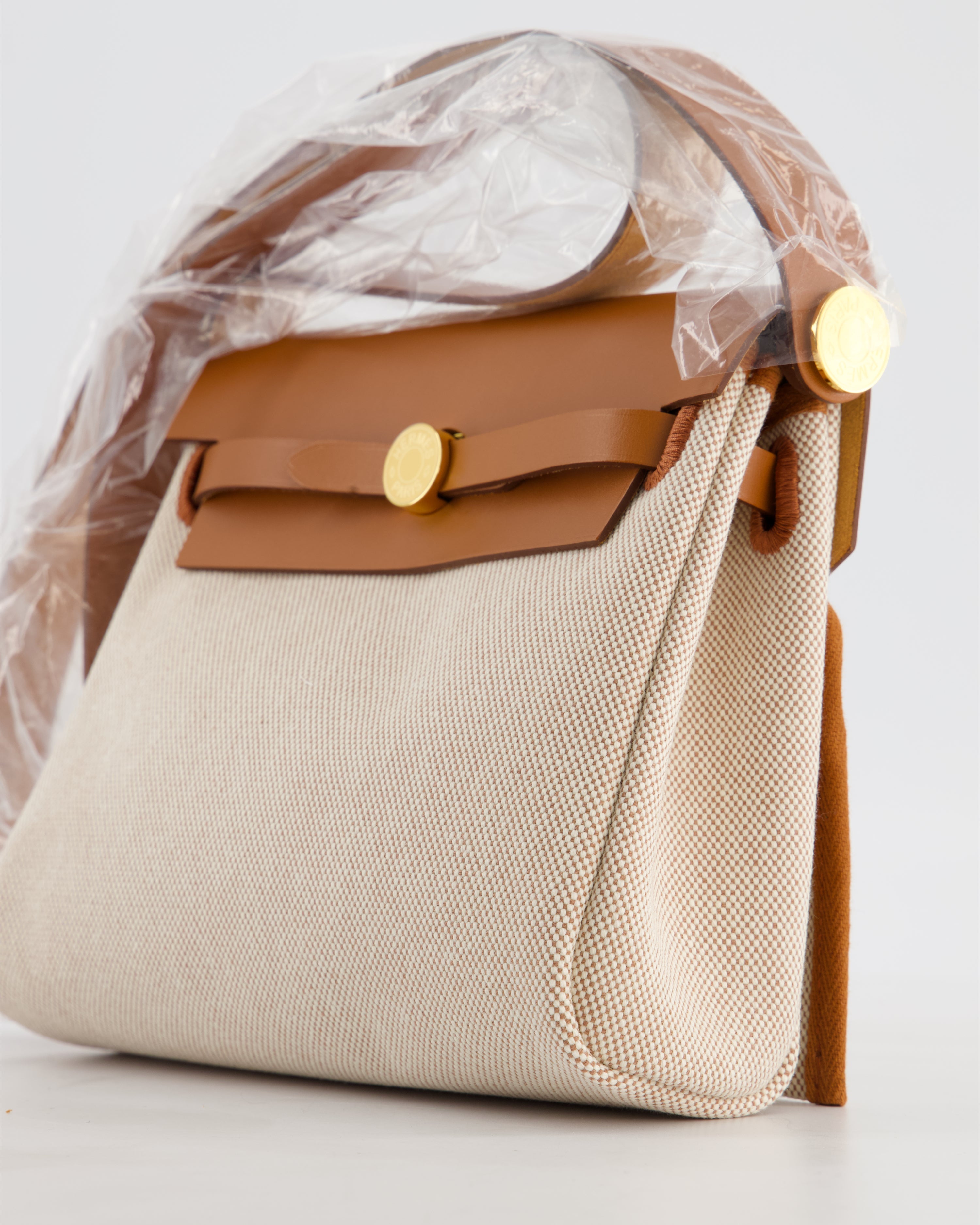 *HOT* Hermès Herbag Zip 20 Bag in Fauve Vache Hunter Leather & Ecru/Beige Viking Canvas with Gold Hardware