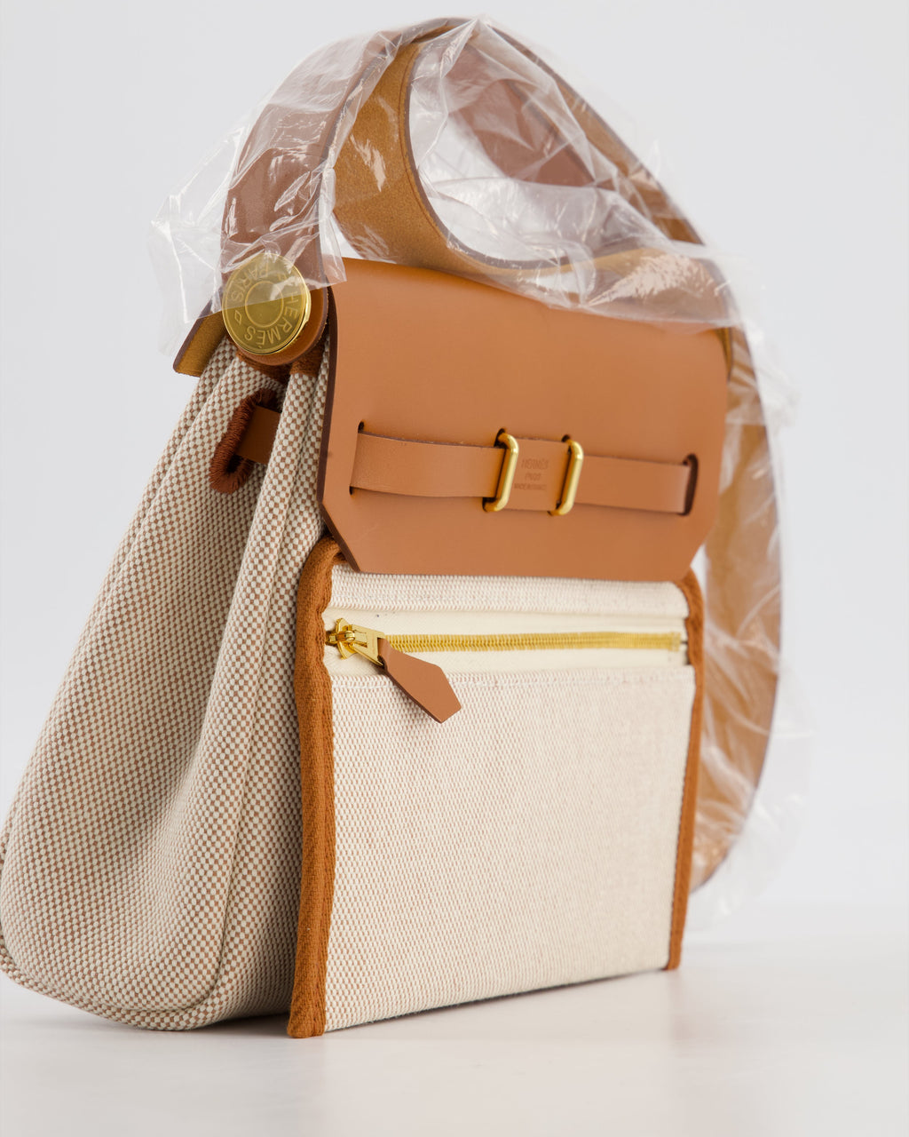 *HOT* Hermès Herbag Zip 20 Bag in Fauve Vache Hunter Leather & Ecru/Beige Viking Canvas with Gold Hardware