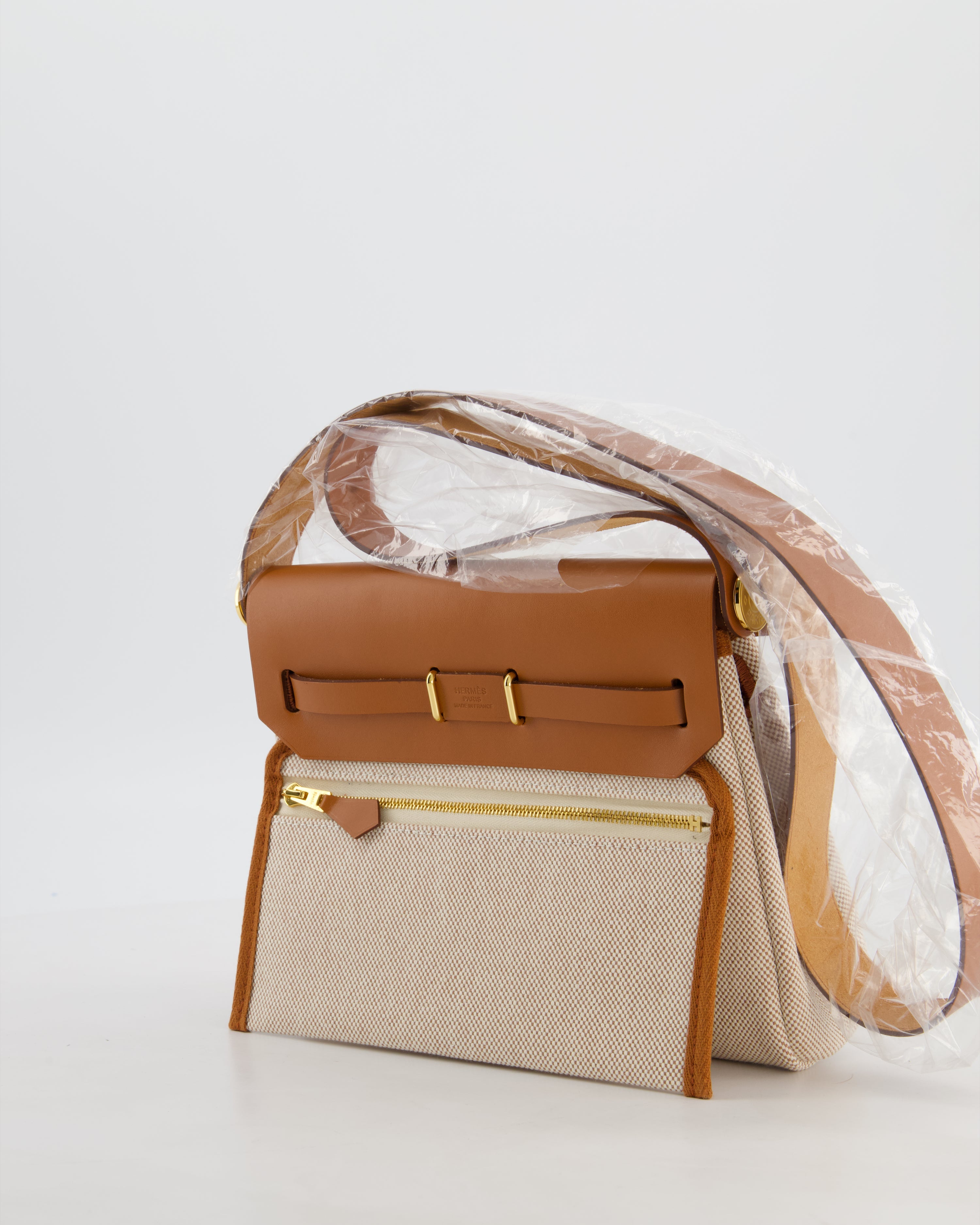 *HOT* Hermès Herbag Zip 20 Bag in Fauve Vache Hunter Leather & Ecru/Beige Viking Canvas with Gold Hardware