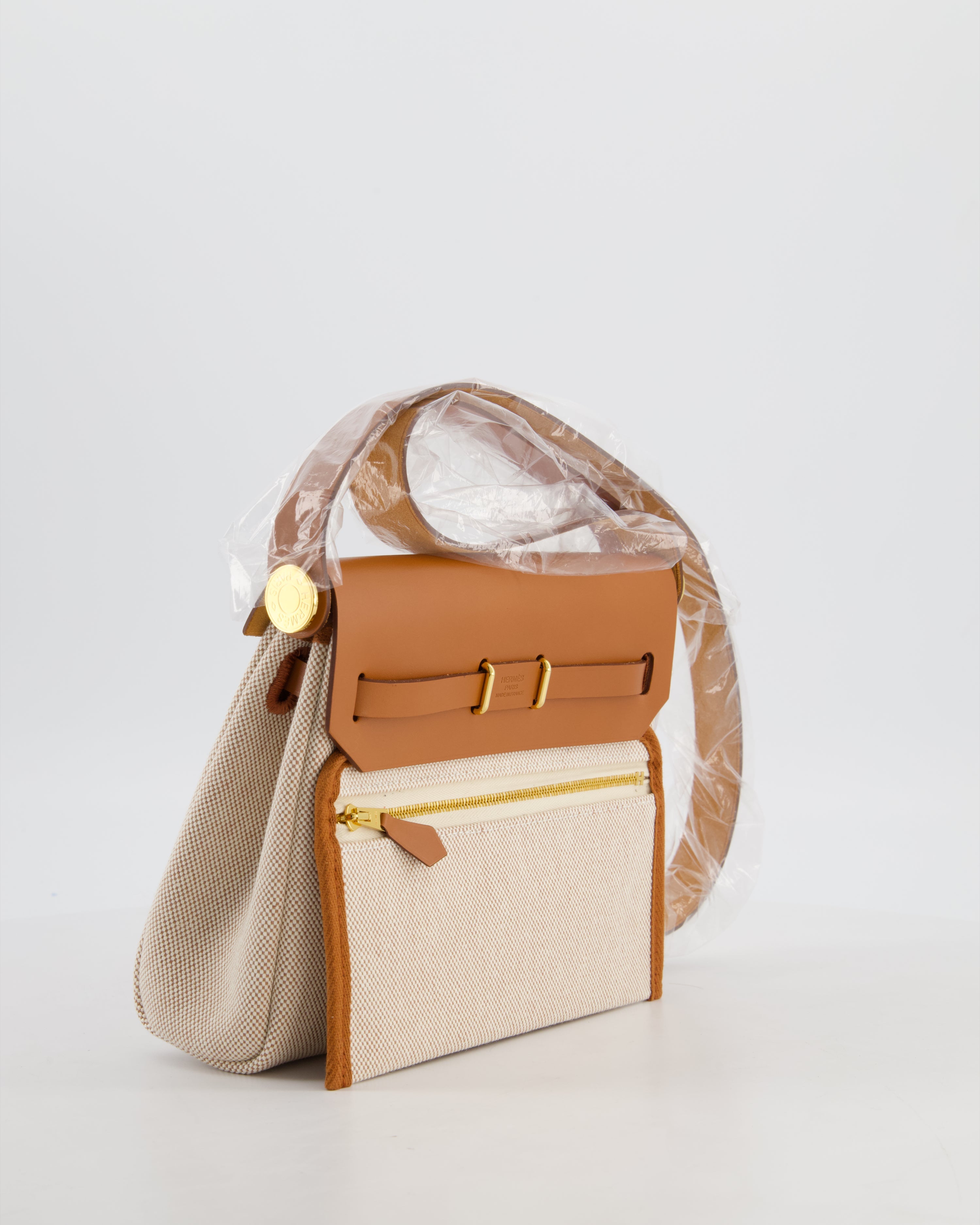 *HOT* Hermès Herbag Zip 20 Bag in Fauve Vache Hunter Leather & Ecru/Beige Viking Canvas with Gold Hardware