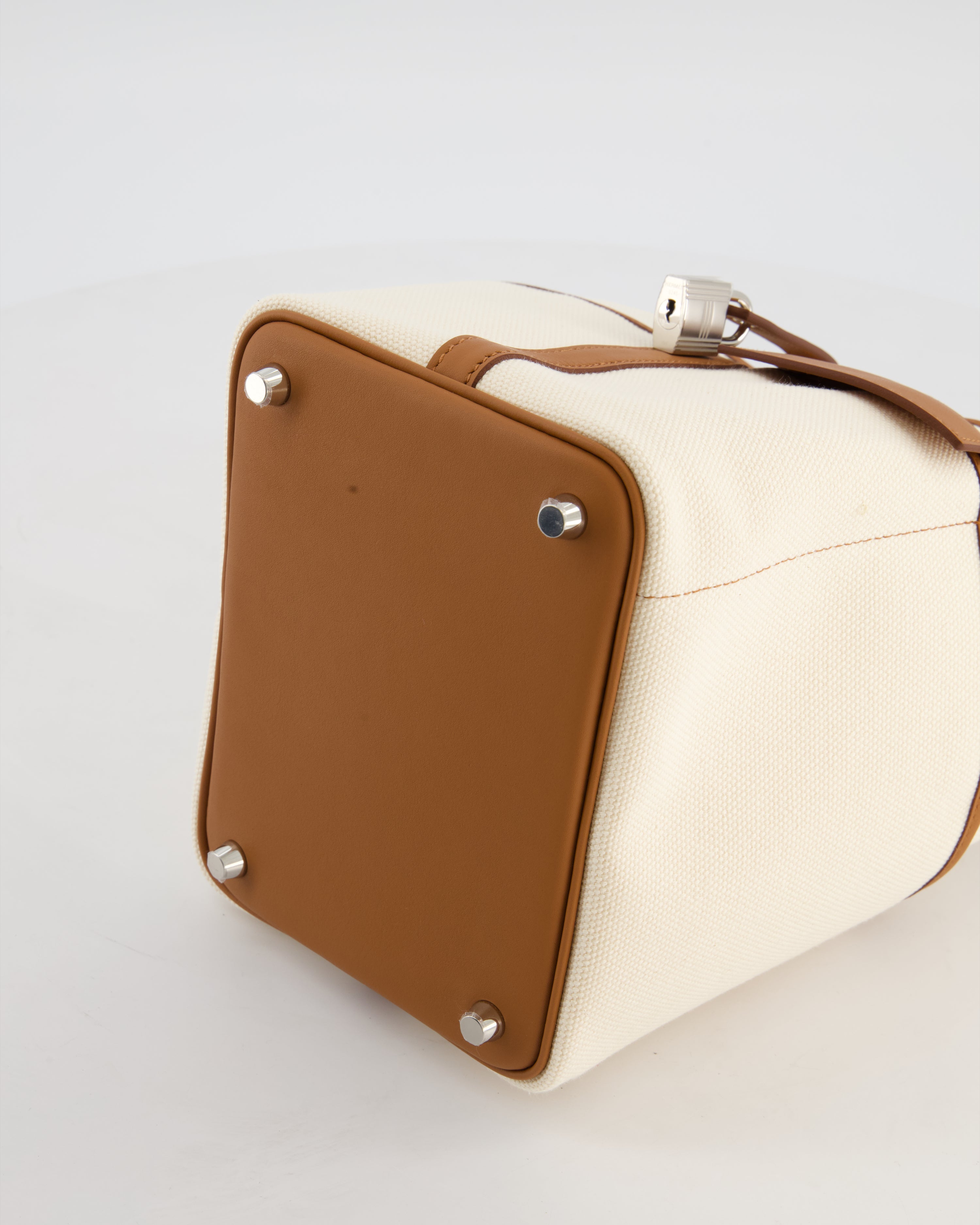 *HOT* Hermès Picotin 18 Lock Cargo Bag in Ecru Canvas & Gold Swift Leather with Palladium Hardware