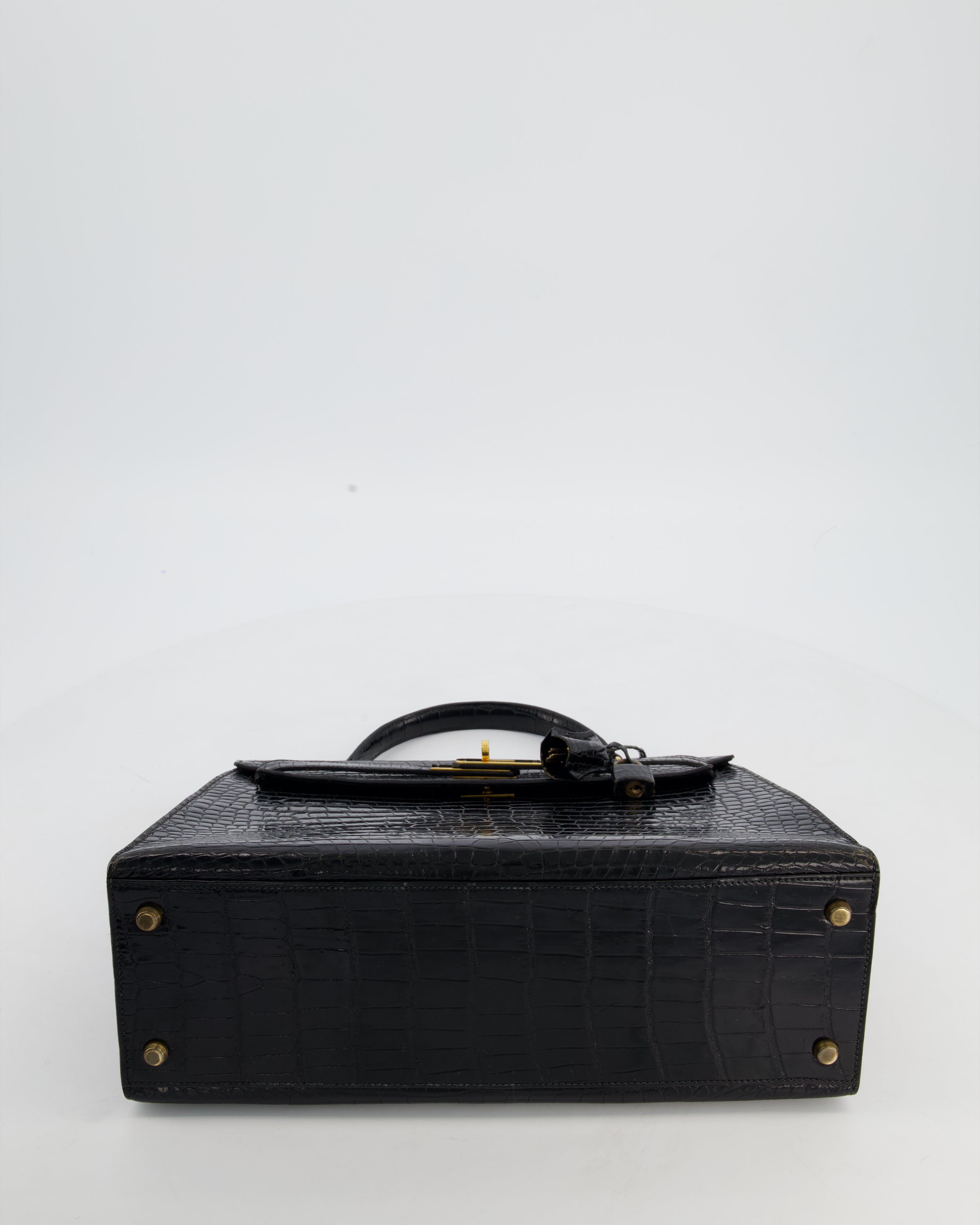 *HOT* Hermès Vintage Kelly 32 Sellier Bag in Noir Porosus Crocodile Leather with Gold Hardware