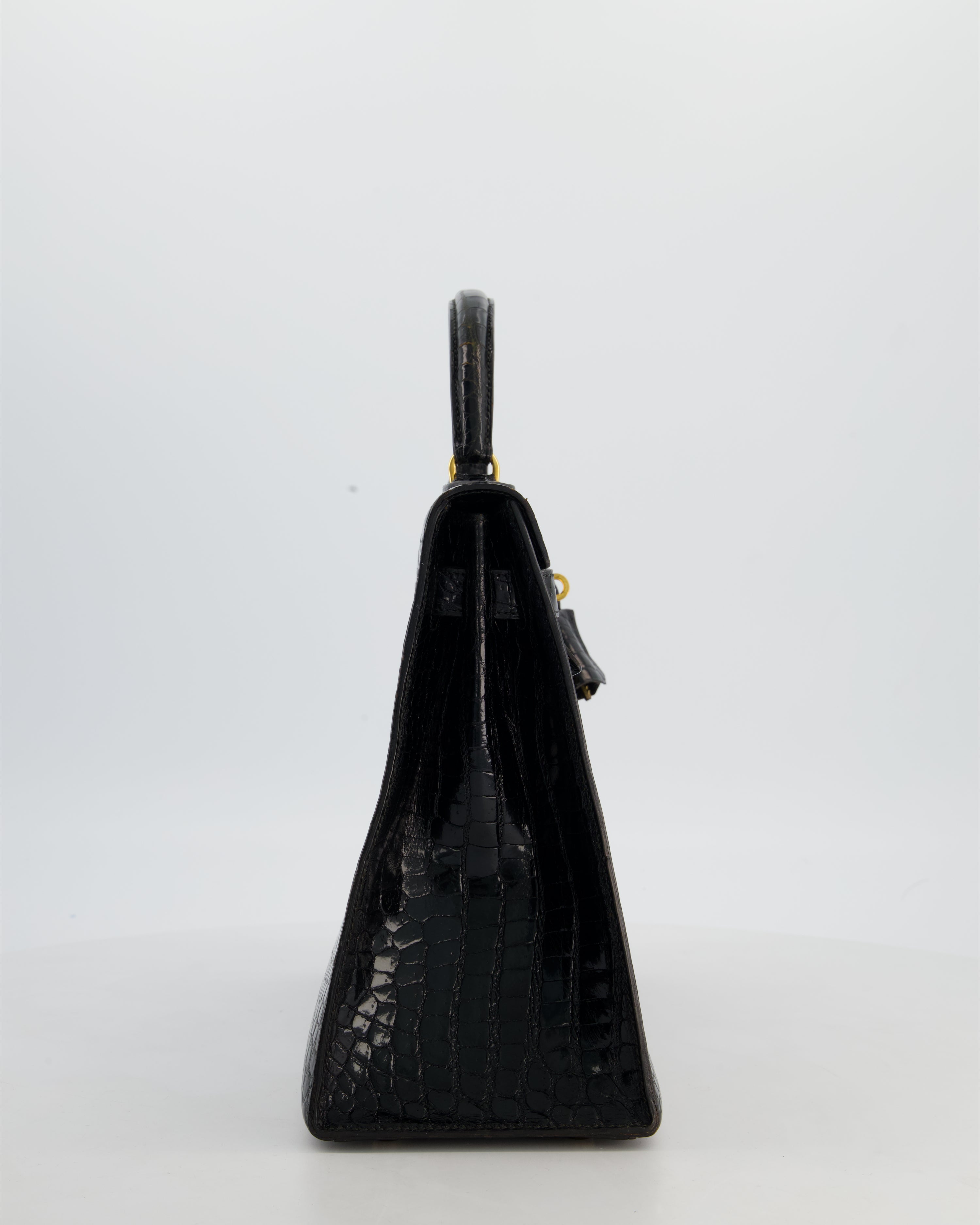 *HOT* Hermès Vintage Kelly 32 Sellier Bag in Noir Porosus Crocodile Leather with Gold Hardware
