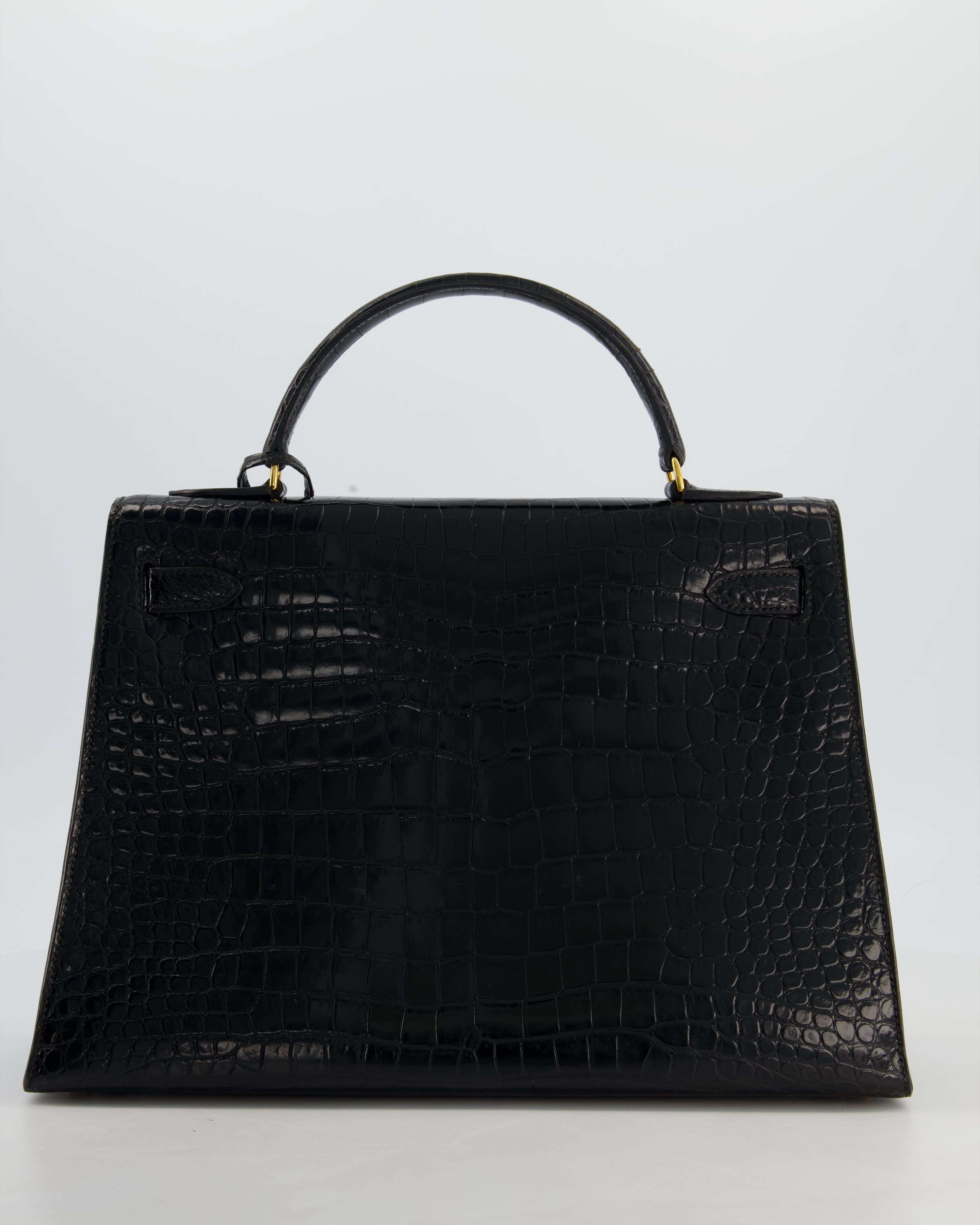 *HOT* Hermès Vintage Kelly 32 Sellier Bag in Noir Porosus Crocodile Leather with Gold Hardware