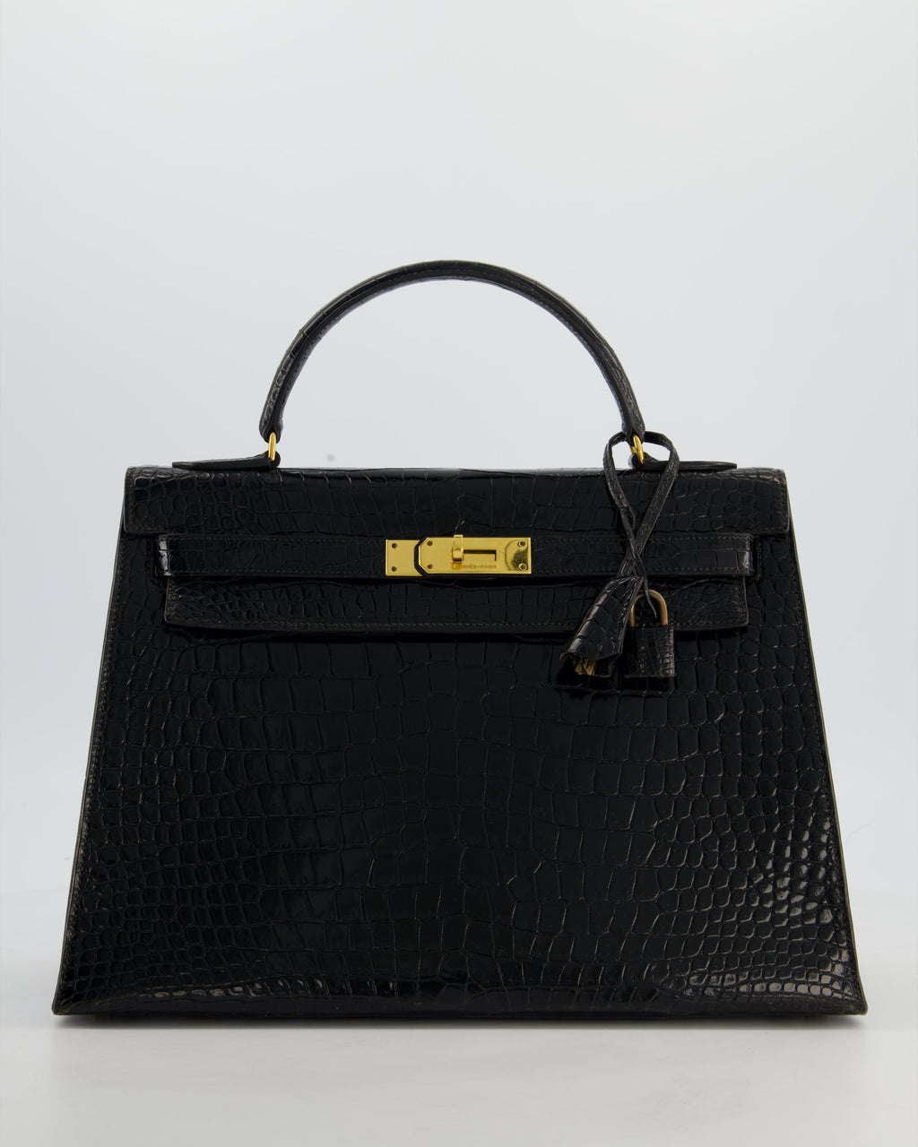 *HOT* Hermès Vintage Kelly 32 Sellier Bag in Noir Porosus Crocodile Leather with Gold Hardware