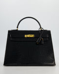 *HOT* Hermès Vintage Kelly 32 Sellier Bag in Noir Porosus Crocodile Leather with Gold Hardware