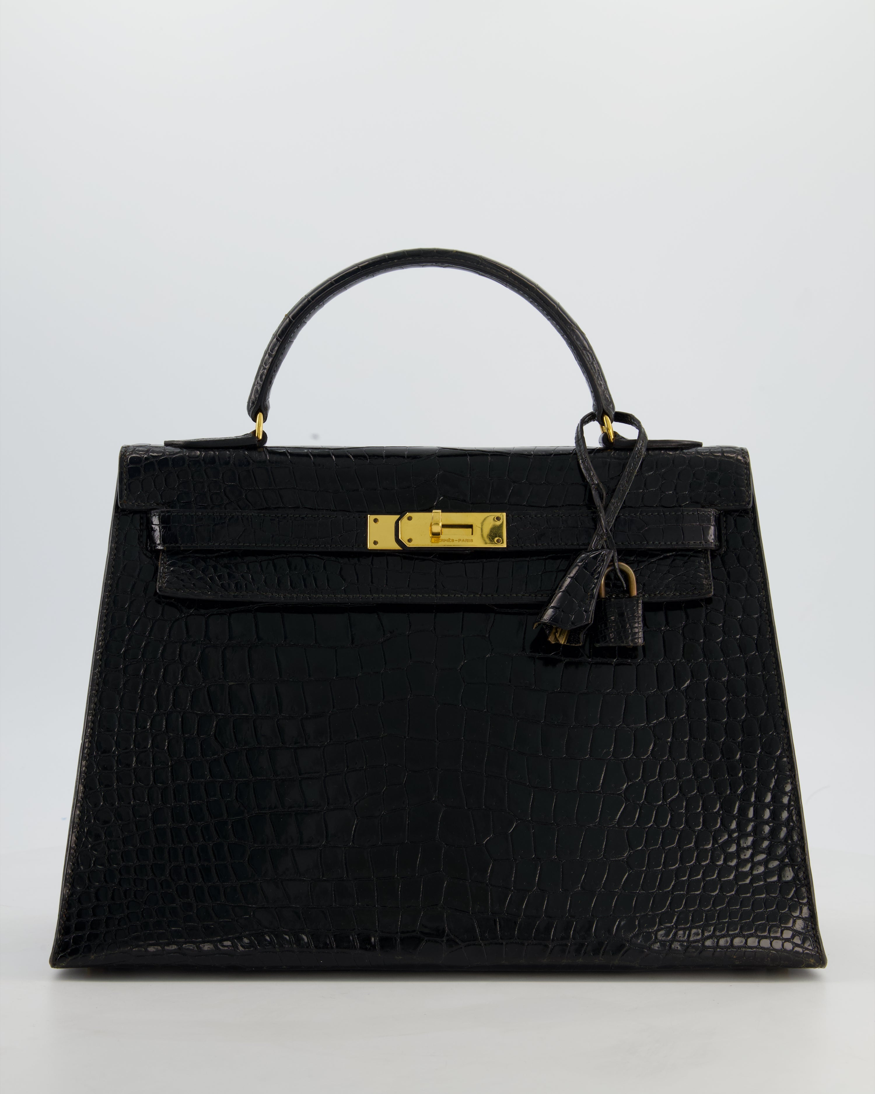 *HOT* Hermès Vintage Kelly 32 Sellier Bag in Noir Porosus Crocodile Leather with Gold Hardware