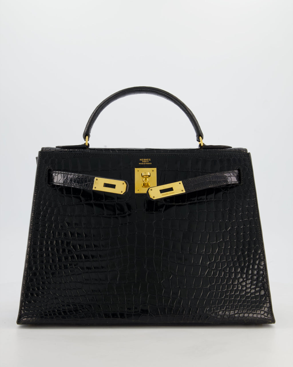 *HOT* Hermès Vintage Kelly 32 Sellier Bag in Noir Porosus Crocodile Leather with Gold Hardware