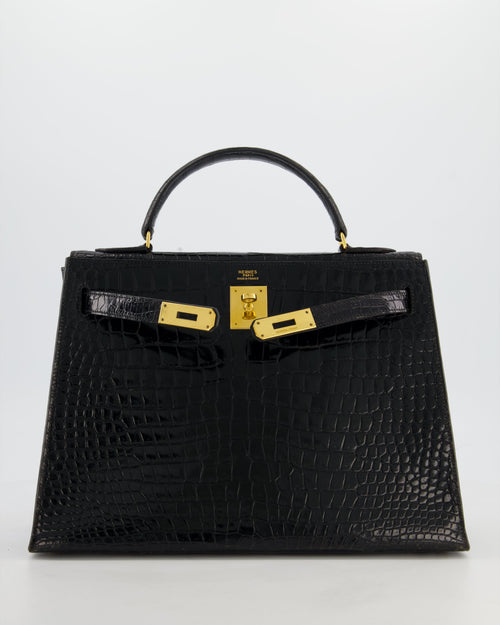 *HOT* Hermès Vintage Kelly 32 Sellier Bag in Noir Porosus Crocodile Leather with Gold Hardware