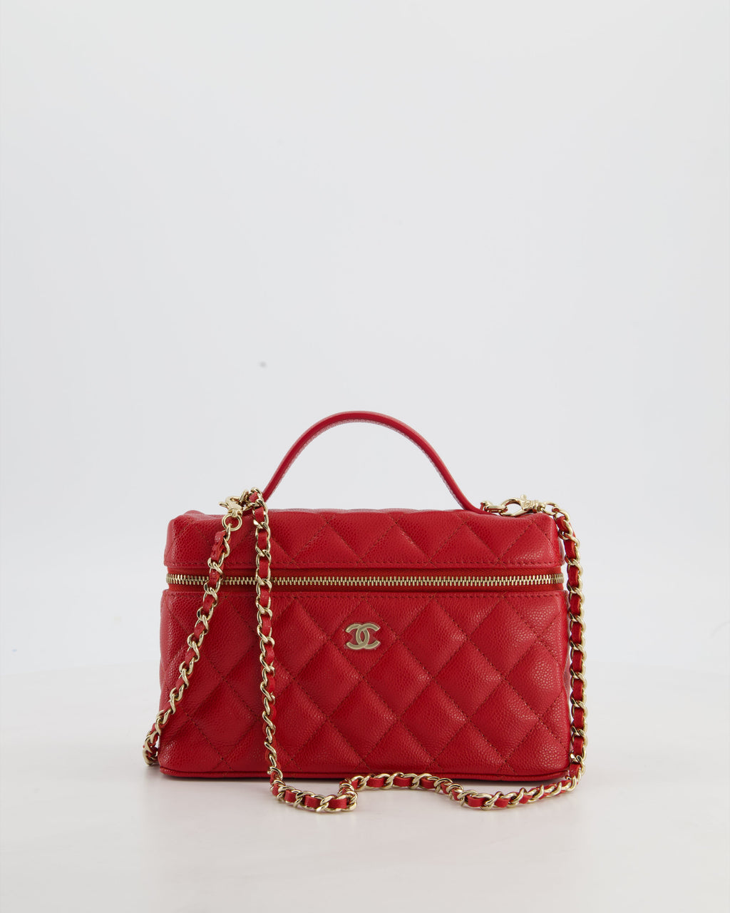 Chanel Red Long Vanity Case Bag in Caviar Leather with Champagne Gold Hardware